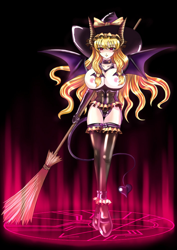 kirisame marisa, touhou, 1girl, alternate costume, bat wings, blush, breasts, broom, corruption, demon girl, demon horns, demon tail, female focus, full body, gradient background, horns, huge breasts, large breasts, magic circle, nipples, panties, smile, solo, tail, underwear, wings