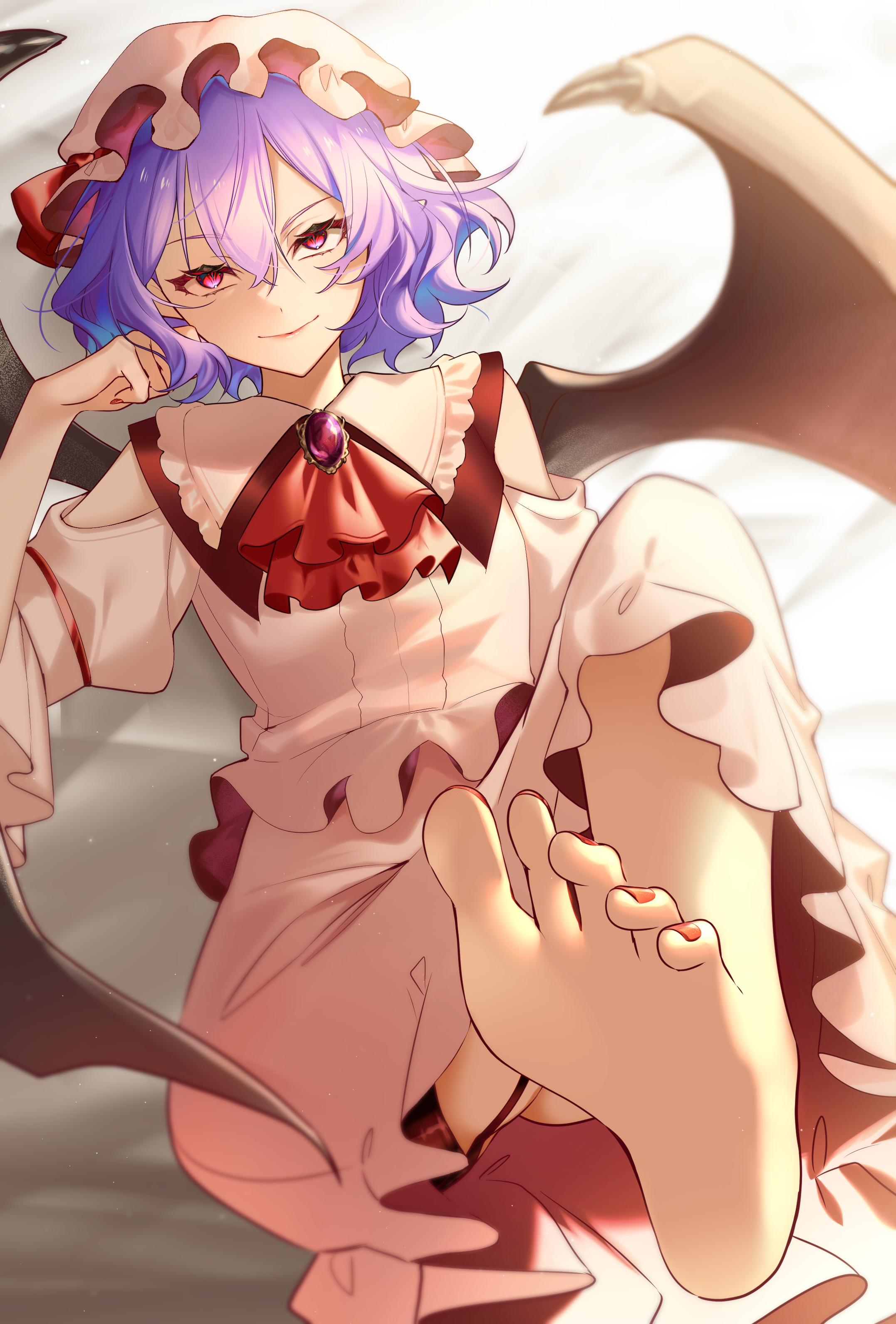 kodouirasto, remilia scarlet, touhou, absurdres, highres, 1girl, ascot, barefoot, bat wings, dress, hat, jewelry, looking at viewer, lying, mob cap, purple eyes, purple hair, red ascot, red nails, short hair, smile, solo, thigh strap, toes, white dress, wings