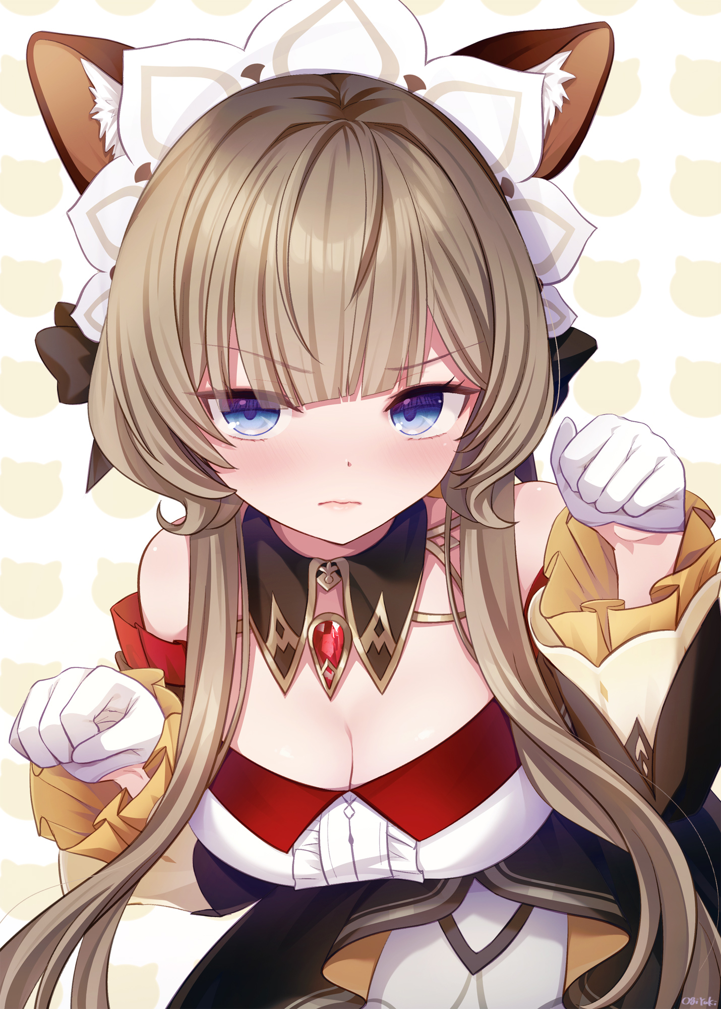 ogiyuki, sandrone (genshin impact), genshin impact, commentary request, highres, 1girl, animal ears, blue eyes, breasts, brown hair, cat ears, cleavage, closed mouth, gloves, large breasts, paw pose, solo, white gloves