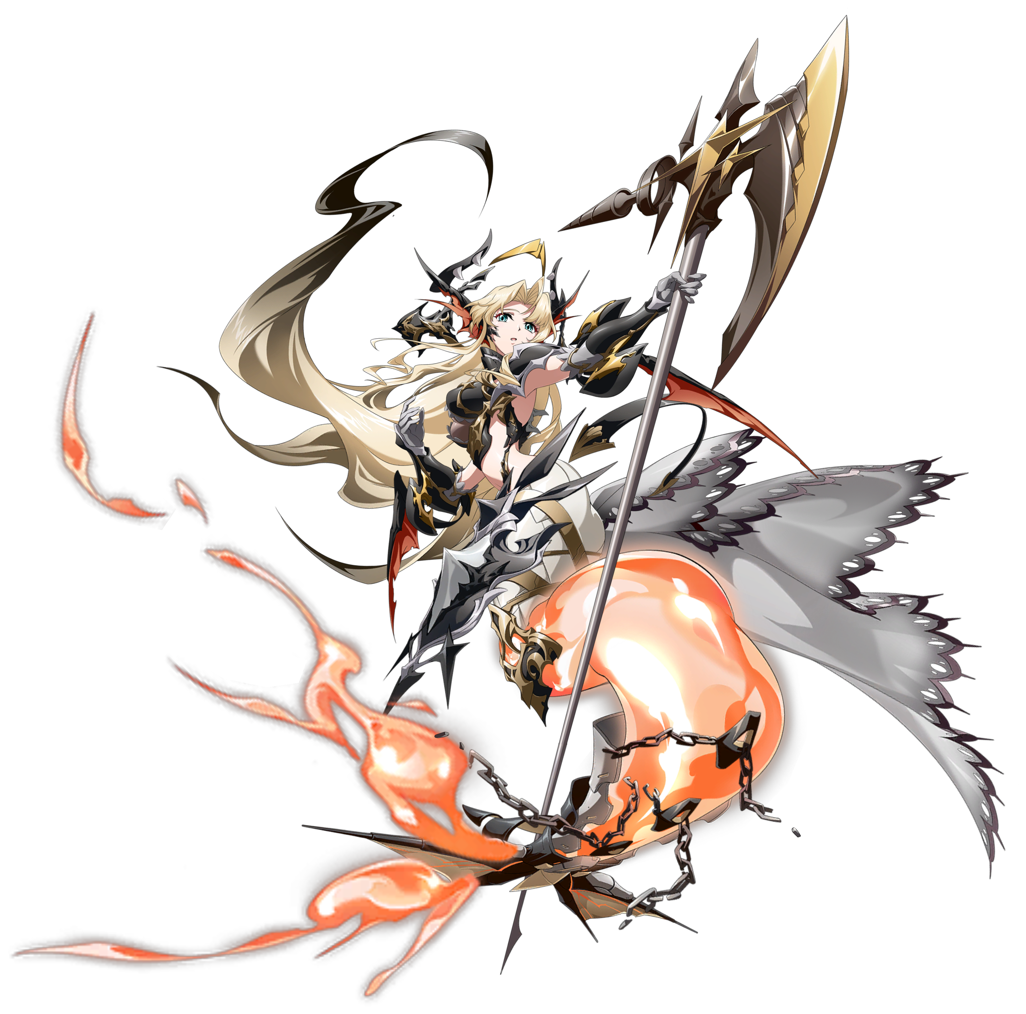 langrisser, langrisser mobile, absurdres, game cg, highres, official art, second-party source, 1girl, aqua eyes, arm guards, armor, axe, battle axe, black armor, blonde hair, breasts, broken, broken chain, cape, chain, chained, curtained hair, elbow gloves, facing to the side, faulds, fins, fire, fish tail, flame-tipped tail, floating, floating clothes, floating hair, from side, full body, gloves, gold trim, grey cape, grey gloves, head fins, holding, holding axe, holding weapon, kneeless mermaid, long hair, looking at viewer, looking to the side, medium breasts, mermaid, monster girl, nymph (langrisser), official alternate costume, open mouth, pants, parted bangs, pauldrons, shoulder armor, simple background, solo, standing, stomach, strap, tachi-e, tail, transparent background, vambraces, very long hair, waist cape, warrior, weapon, white pants