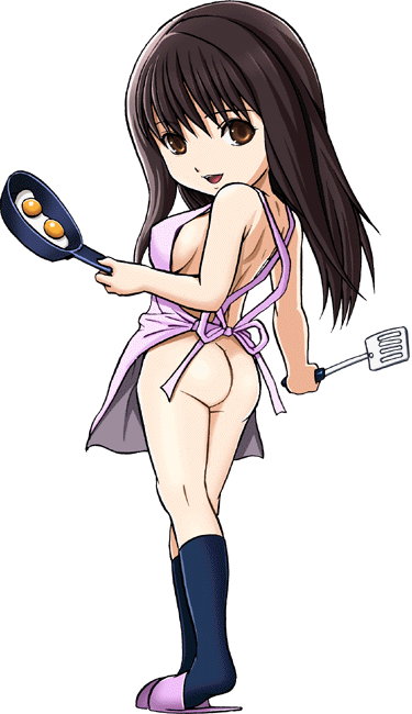 harukigenia, hagiwara natsuki, ane doki, 1girl, apron, ass, breasts, brown eyes, brown hair, chibi, egg, female focus, frying pan, full body, large breasts, naked apron, slippers, socks, solo, spatula, standing, transparent background