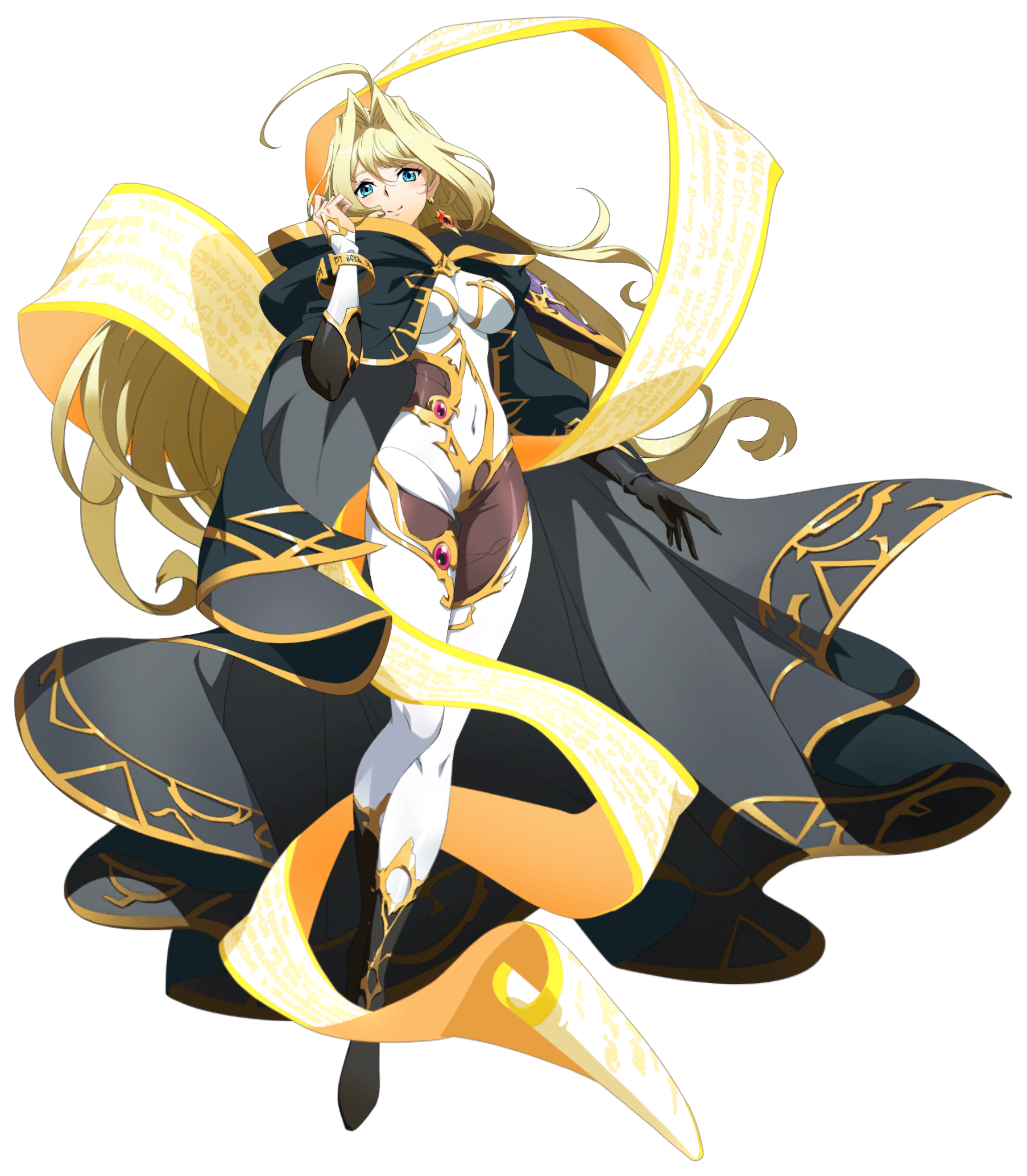 adankelmo (langrisser), langrisser, langrisser mobile, game cg, highres, official art, second-party source, 1girl, adjusting clothes, ahoge, armor, asymmetrical gloves, black boots, black cloak, black gloves, blonde hair, blue eyes, bodysuit, boots, bracelet, breasts, brown bodysuit, cloak, closed mouth, covered navel, earrings, floating clothes, floating hair, full body, gem, gloves, gold bracelet, gold trim, hagoromo, hair between eyes, hair intakes, hand over face, head tilt, hood, hood down, hooded cloak, huge ahoge, impossible bodysuit, impossible clothes, jewelry, knee boots, leg up, long hair, long sleeves, looking at viewer, medium breasts, multicolored bodysuit, pauldrons, red gemstone, shawl, shoulder armor, simple background, single pauldron, skin tight, smile, solo, standing, standing on one leg, tachi-e, transparent background, very long hair, white bodysuit