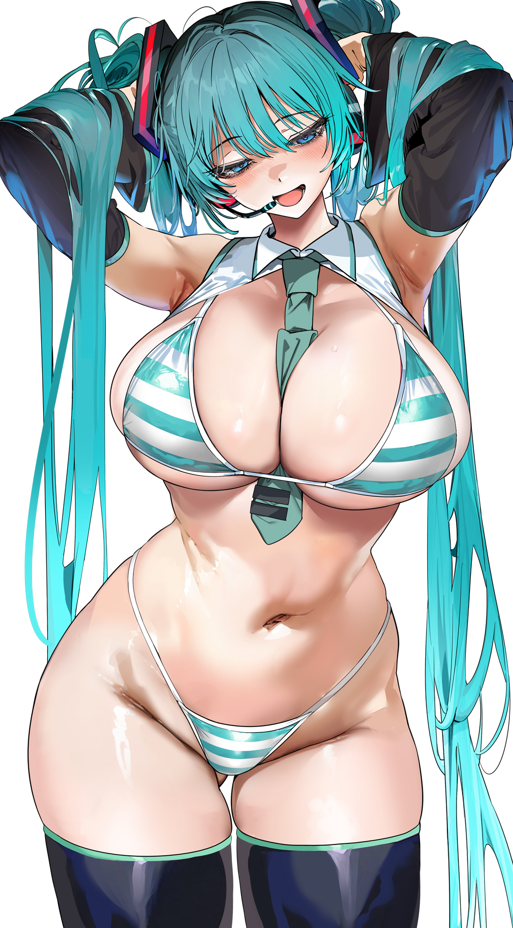 marushin (denwa0214), hatsune miku, vocaloid, commentary, highres, 1girl, :d, aqua hair, armpits, arms up, bare shoulders, between breasts, bikini, black sleeves, blue eyes, blush, breasts, cowboy shot, detached sleeves, gluteal fold, green necktie, hands in own hair, huge breasts, long hair, long sleeves, navel, necktie, open mouth, sideboob, simple background, smile, solo, stomach, striped bikini, striped clothes, swimsuit, thighs, underboob, very long hair, white background