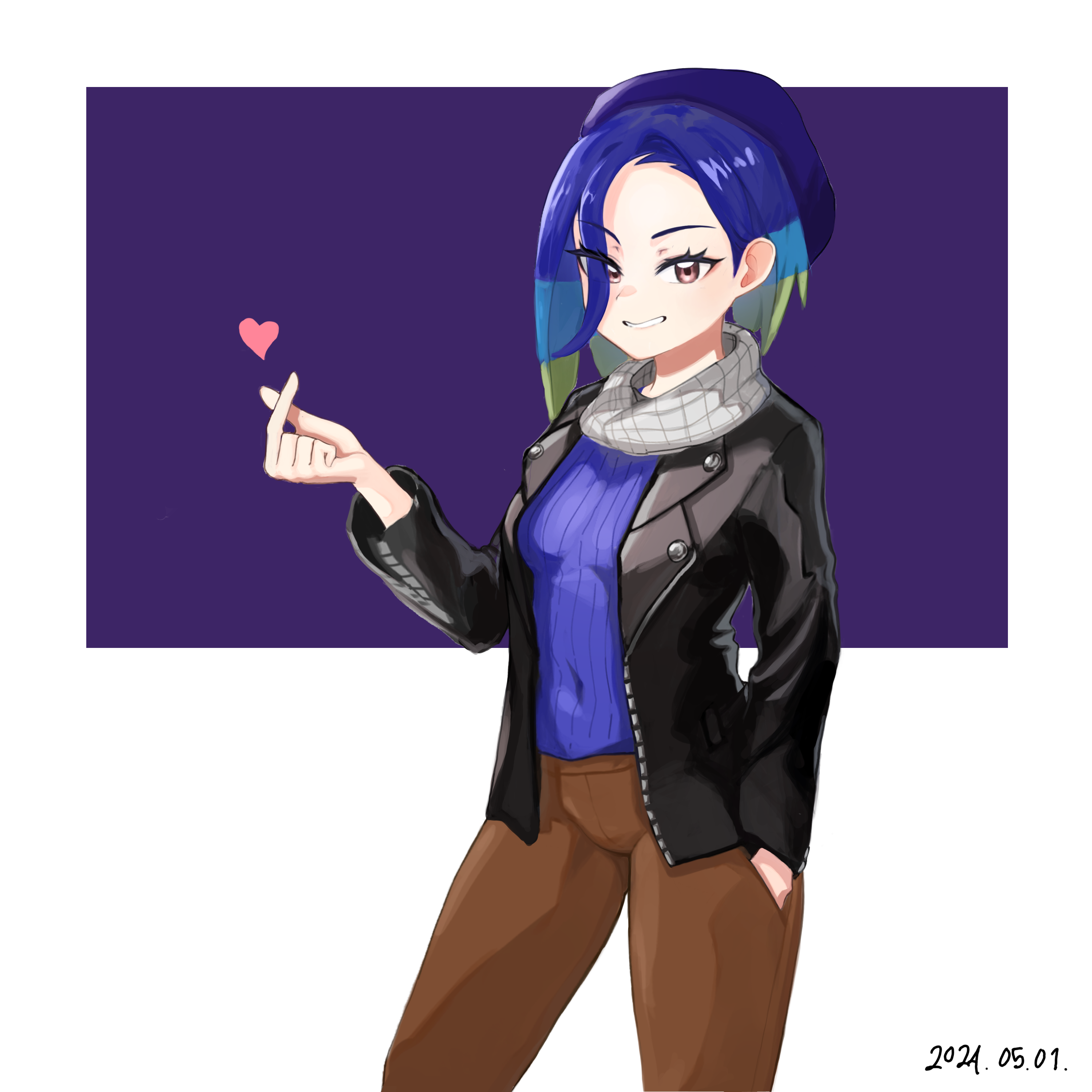 habin52, perrin (pokemon), nintendo, pokemon, pokemon sv, absurdres, commentary request, highres, korean commentary, 1girl, alternate costume, black jacket, blue hair, blue sweater, breasts, brown eyes, brown pants, covered navel, cowboy shot, dated, eyelashes, green hair, hair over one eye, hand in pocket, heart, jacket, leather, leather jacket, long sleeves, medium hair, multicolored hair, open clothes, open jacket, pants, simple background, smile, solo, sweater