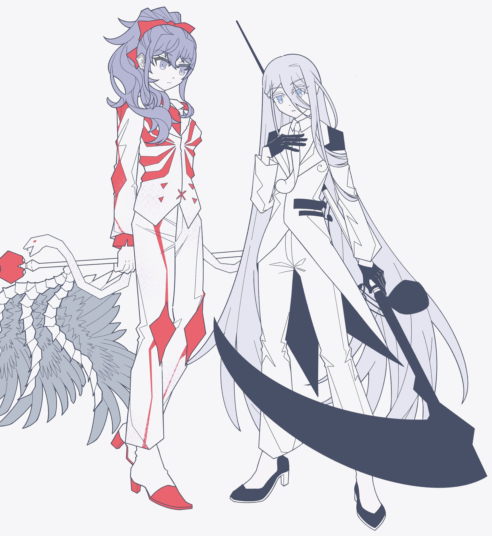 asahina mafuyu, yoisaki kanade, lobotomy corporation, project moon, project sekai, highres, 2girls, aaa tcylpfzx, black gloves, bow, da capo (e.g.o), e.g.o (project moon), full body, gloves, hair bow, holding, holding scythe, holding staff, jacket, long hair, multiple girls, necktie, pants, paradise lost (e.g.o), red bow, red necktie, scythe, shoes, staff, very long hair, white hair, white jacket, white necktie, white pants, white shoes