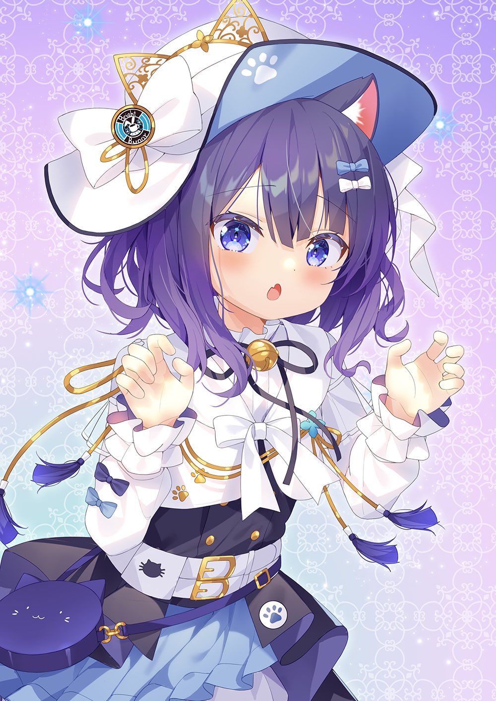 taku michi, fuiba fuyu, gochuumon wa usagi desu ka?, commentary request, highres, 1girl, :o, animal bag, animal ear fluff, animal ears, bell, black ribbon, black skirt, blue bow, blue skirt, bow, cat bag, cat ears, fang, hair bow, hands up, hat, hat bow, kemonomimi mode, layered skirt, long sleeves, looking at viewer, medium hair, multicolored skirt, neck bell, neck ribbon, open mouth, purple bag, purple bow, purple eyes, purple hair, ribbon, shirt, shirt bow, skin fang, skirt, sleeve bow, solo, two-sided fabric, two-sided headwear, white bow, white hat, white shirt, white skirt