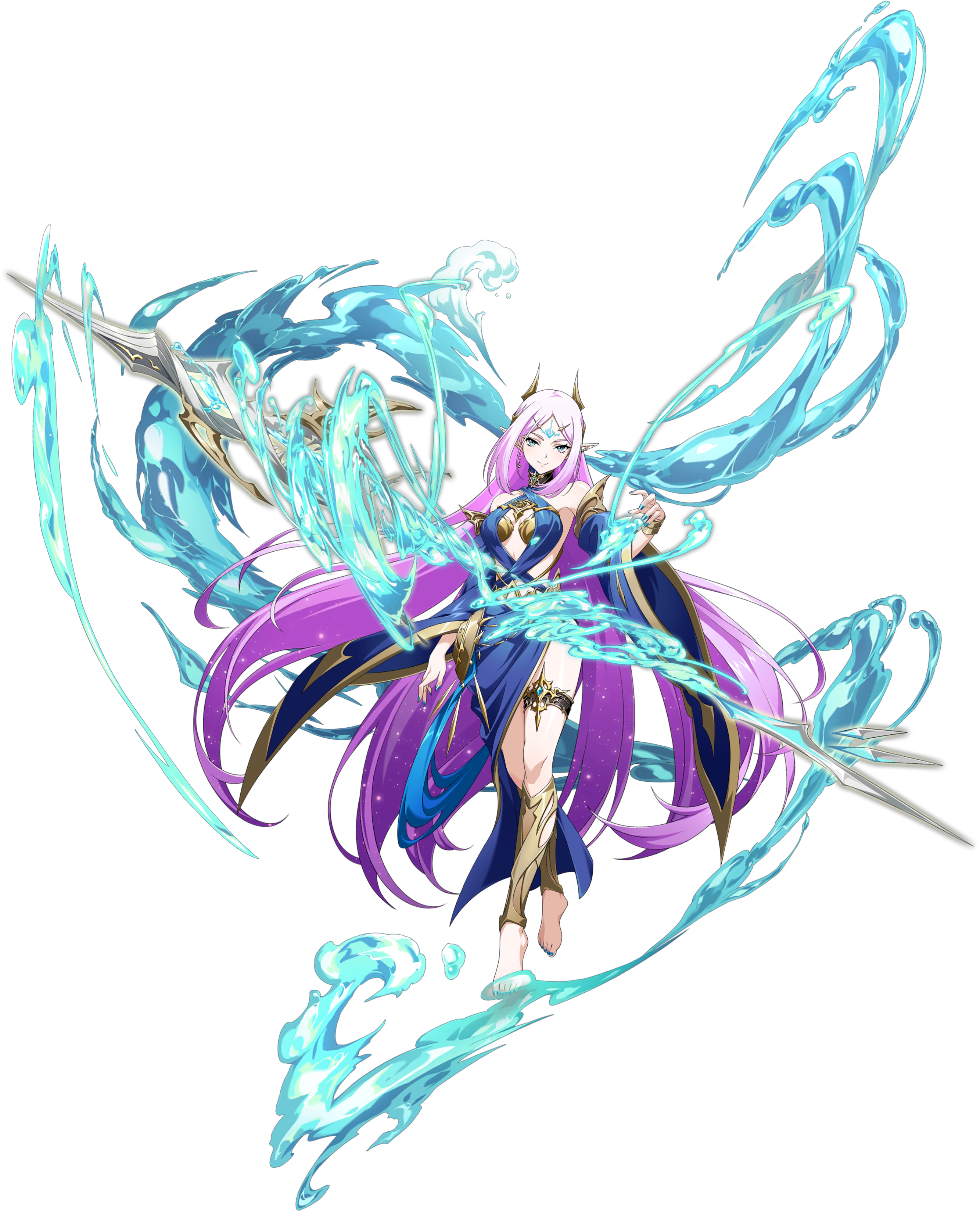 langrisser, langrisser mobile, gold armlet, absurdres, game cg, highres, official art, second-party source, 1girl, armlet, armor, aura, bare shoulders, barefoot, blue dress, blue eyes, blue nails, blue sleeves, bracelet, breasts, cleavage, closed mouth, criss-cross halter, crossed legs, detached sleeves, dress, facial mark, floating, floating clothes, floating hair, floating object, floating weapon, forehead mark, full body, gold bra, gold tiara, gold trim, gradient hair, greaves, hair ornament, halterneck, hydrokinesis, jewelry, light smile, liquid weapon, long hair, looking at viewer, magic, medium breasts, multicolored hair, nail polish, parted bangs, pink hair, pointy ears, polearm, purple hair, revealing clothes, shin guards, side slit, sidelocks, simple background, solo, spear, standing, sylrna (langrisser), tachi-e, thighlet, tiara, transparent background, very long hair, water, weapon, wide sleeves