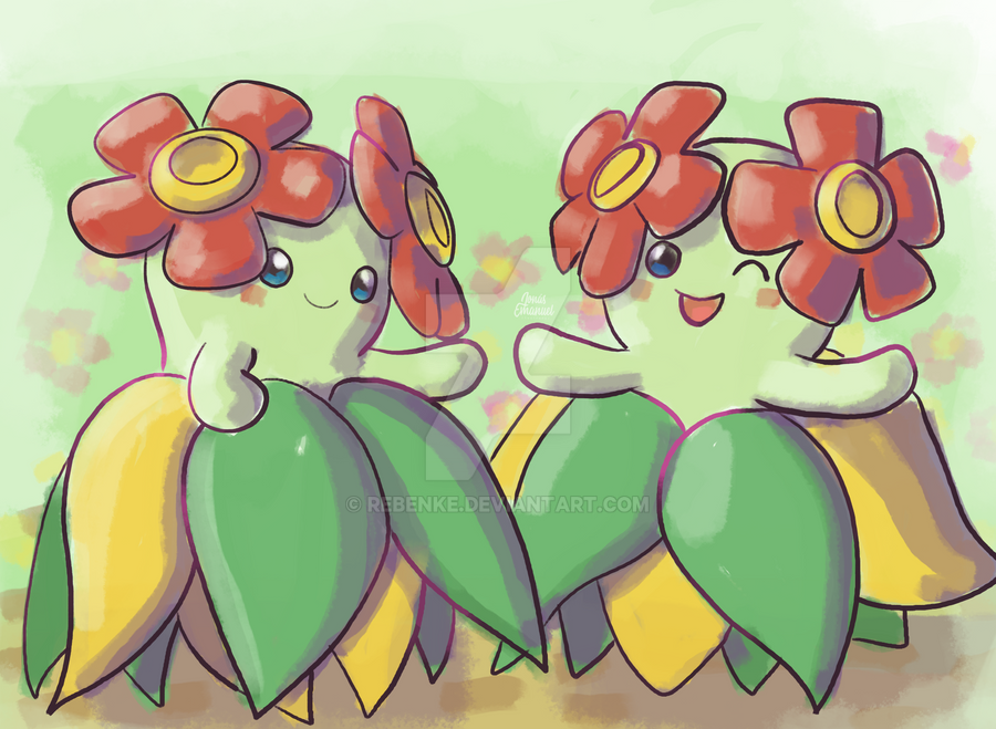 bellossom, nintendo, pokemon, commentary, english commentary, ;d, blush, blush stickers, closed mouth, colored skin, deviantart logo, deviantart username, flower, full body, gen 2 pokemon, green skin, jonas emanuel, one eye closed, open mouth, pokemon (creature), pokemon focus, red flower, smile, watermark, web address