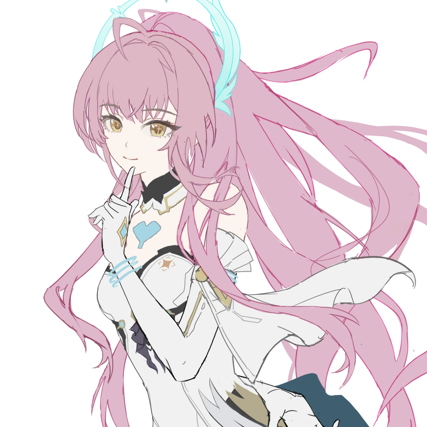 zhongyuanqing, wuthering waves, chinese commentary, commentary request, highres, 1girl, aemeath (wuthering waves), bare shoulders, breasts, closed mouth, elbow gloves, flat color, gloves, hand up, index finger raised, long hair, medium breasts, pink hair, simple background, smile, solo, upper body, white background, white gloves