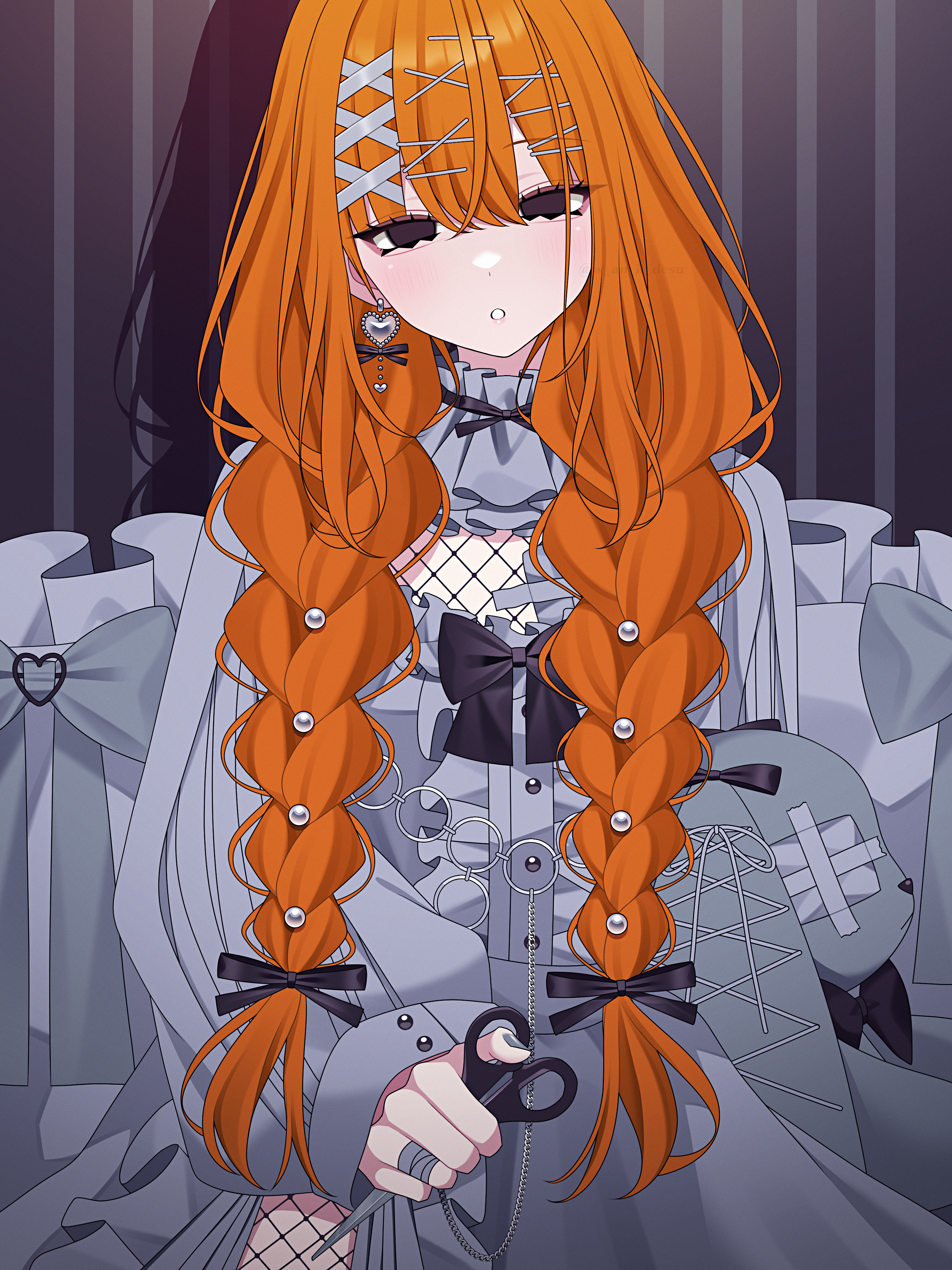 wanko (yurika0320), original, absurdres, commentary, highres, symbol-only commentary, 1girl, arm behind back, bandaged fingers, bandages, beads, black bow, black eyes, black ribbon, boots, bow, braid, center frills, cowboy shot, dress, earrings, empty eyes, eyelashes, fishnet pantyhose, fishnets, frilled dress, frills, grey boots, grey dress, grey nails, hair beads, hair between eyes, hair ornament, hairclip, head tilt, heart, heart earrings, heart o-ring, holding, holding scissors, jewelry, light blush, long hair, long sleeves, low twin braids, nail polish, neck ribbon, o-ring, orange hair, overlighting, pantyhose, parted lips, ribbon, scissors, shadow, single earring, sleeve cuffs, sleeves past wrists, solo, standing, straight-on, stuffed animal, stuffed rabbit, stuffed toy, twin braids, vertical-striped wall, very long hair, x hair ornament