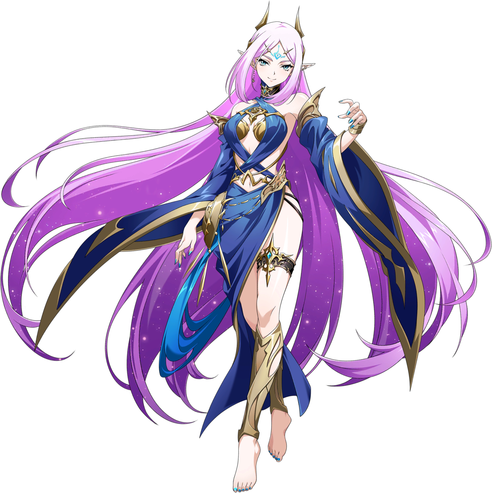 langrisser, langrisser mobile, gold armlet, game cg, highres, official art, second-party source, 1girl, armlet, armor, bare shoulders, barefoot, blue dress, blue eyes, blue nails, blue sleeves, bracelet, breasts, cleavage, closed mouth, criss-cross halter, crossed legs, detached sleeves, dress, facial mark, floating, floating clothes, floating hair, forehead mark, full body, gold bra, gold tiara, gold trim, gradient hair, greaves, hair ornament, halterneck, jewelry, light smile, long hair, looking at viewer, medium breasts, multicolored hair, nail polish, parted bangs, pink hair, pointy ears, purple hair, revealing clothes, shin guards, side slit, sidelocks, simple background, solo, standing, sylrna (langrisser), tachi-e, thighlet, tiara, toes, transparent background, very long hair, wide sleeves