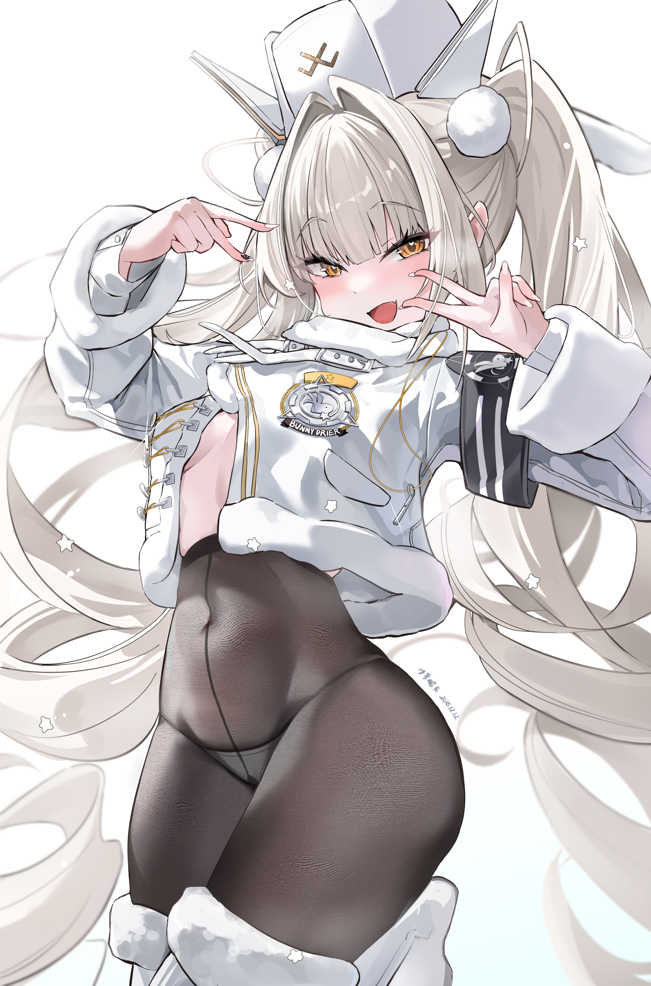 xiuluoniqia, blanc (fortune express) (nikke), blanc (nikke), goddess of victory: nikke, absurdres, commentary request, highres, 1girl, black pantyhose, boots, breasts, coat, double v, fur-trimmed boots, fur trim, hat, long hair, looking at viewer, official alternate costume, official alternate hairstyle, open mouth, panties, panties under pantyhose, pantyhose, simple background, small breasts, smile, solo, twintails, underwear, v, very long hair, white background, white boots, white coat, white hair, white hat, white panties, winter clothes, winter coat