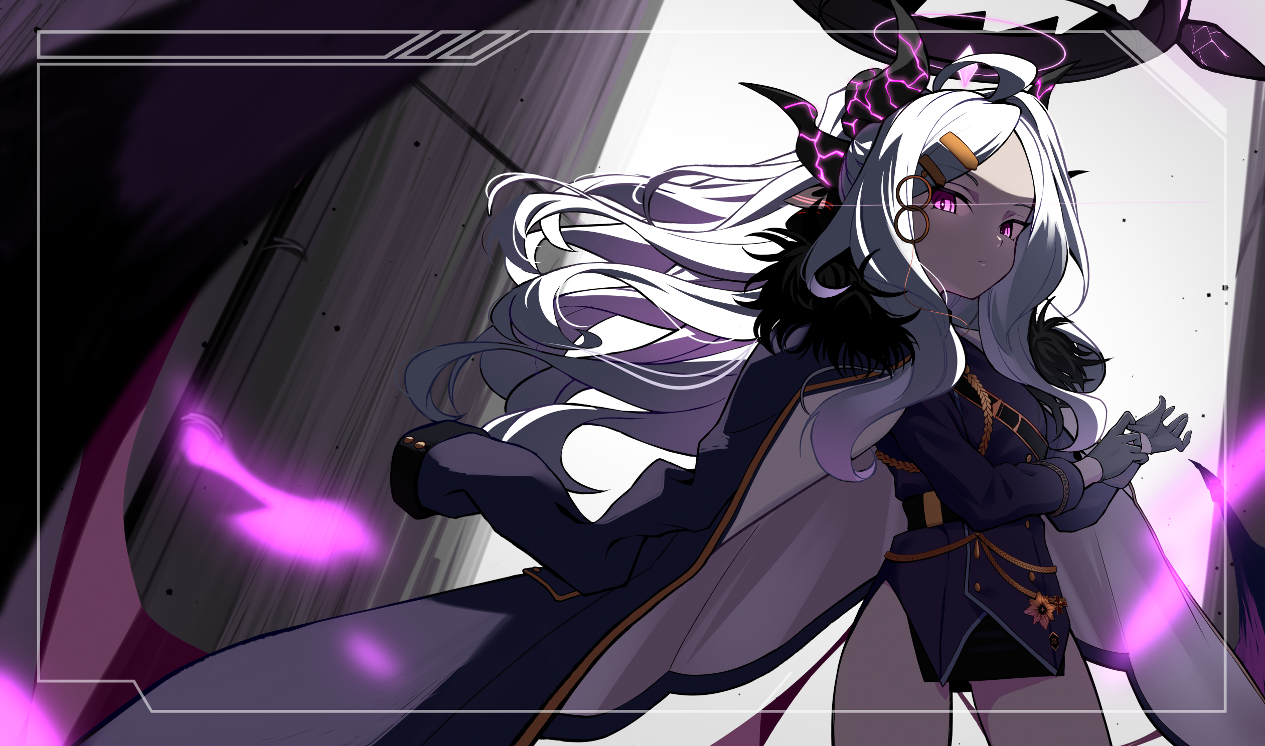 haibarasaika, hina (blue archive), blue archive, highres, 1girl, ahoge, black coat, black halo, black skirt, blush, coat, coat on shoulders, demon girl, demon horns, demon wings, halo, horns, long hair, looking at viewer, low wings, purple eyes, skirt, solo, standing, very long hair, white hair, wings