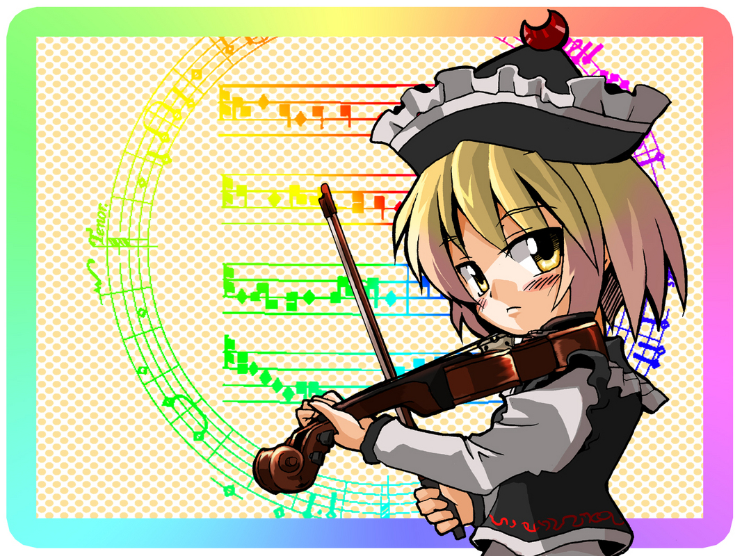 kotojima motoki, lunasa prismriver, touhou, artist request, bad id, bad pixiv id, 1girl, female focus, instrument, musical note, note, short hair, solo, upper body, violin