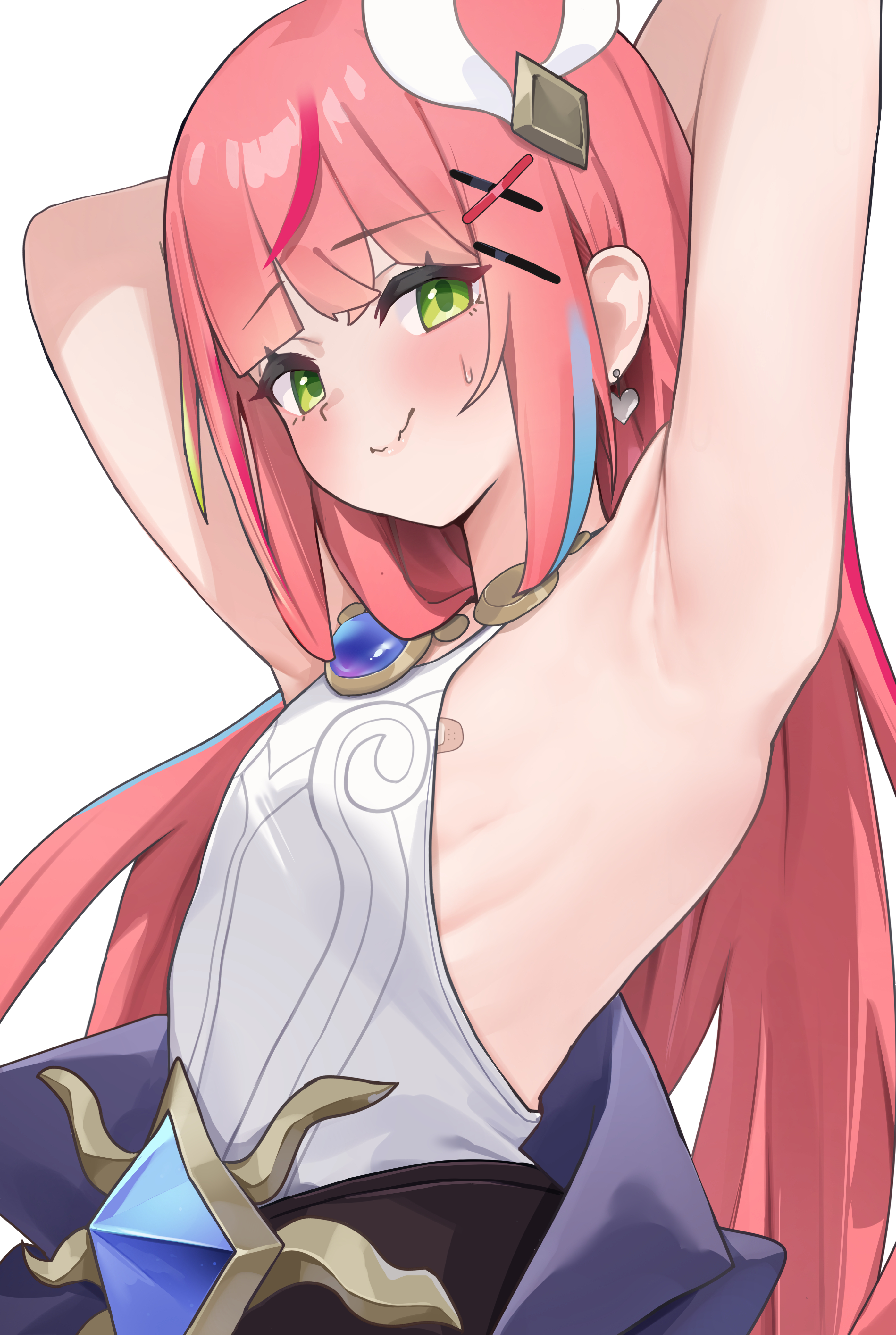 band (skymole01), hanako nana, stellive, absurdres, commentary, english commentary, highres, 1girl, armpits, arms behind head, blue gemstone, blunt bangs, blush, closed mouth, ear piercing, gem, green eyes, long hair, looking at viewer, nervous, piercing, red hair, simple background, smile, sweatdrop, upper body, white background