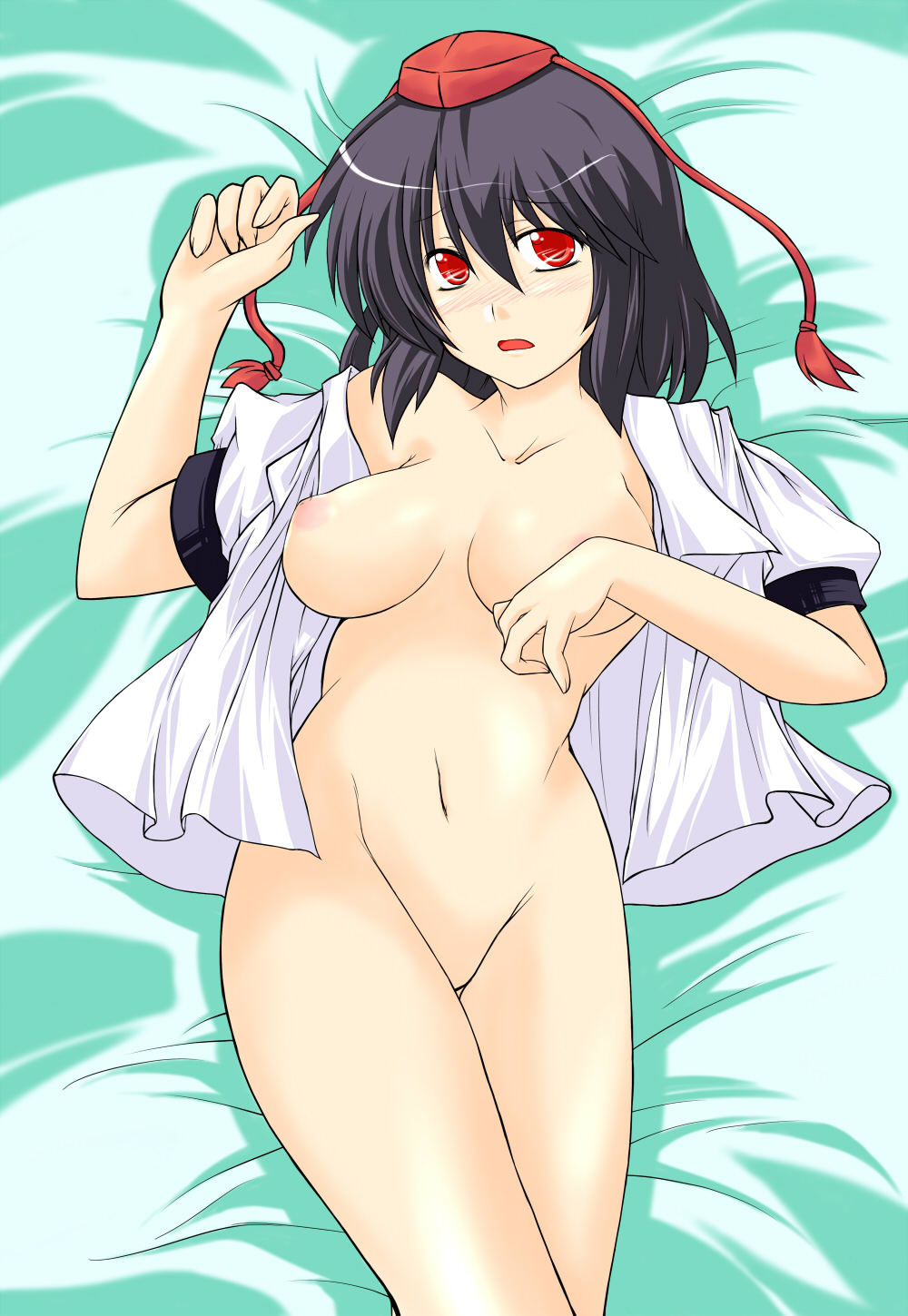 saku koko, sakumiya kokonotsu, shameimaru aya, touhou, highres, 1girl, black hair, blush, bottomless, breasts, breasts apart, cleavage, female focus, groin, hat, looking at viewer, nipples, no pussy, open clothes, open mouth, open shirt, red eyes, shirt, short hair, solo, tokin hat