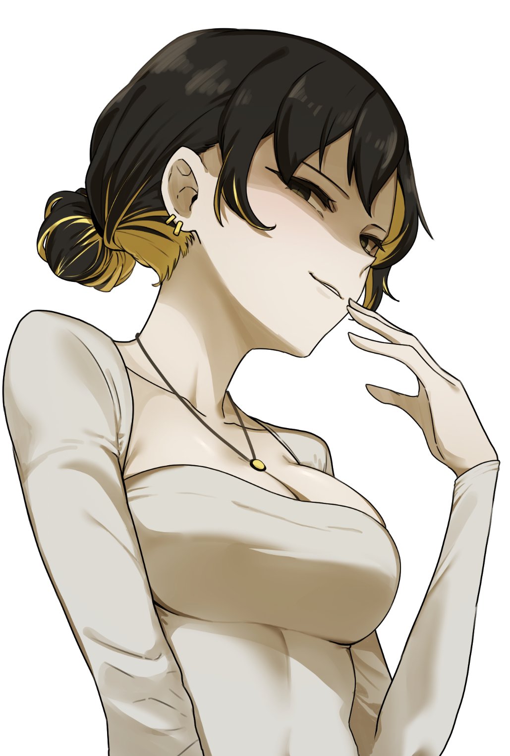 helseujang, binah (project moon), library of ruina, project moon, hashtag-only commentary, highres, 1girl, black eyes, blonde hair, breasts, cleavage, collarbone, colored inner hair, dongtan dress, dress, hair bun, hand up, jewelry, looking at viewer, multicolored hair, necklace, parted lips, shaded face, smile, solo, upper body, white dress