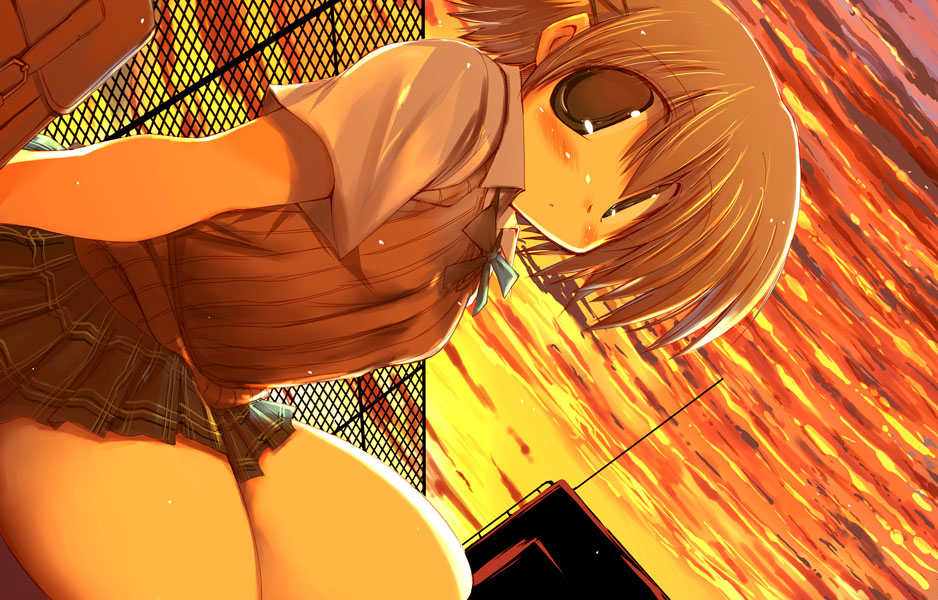 sakaki (noi-gren), original, bad id, bad pixiv id, arm support, bag, blush, dusk, dutch angle, miniskirt, pleated skirt, school uniform, sitting, skirt, sky, solo