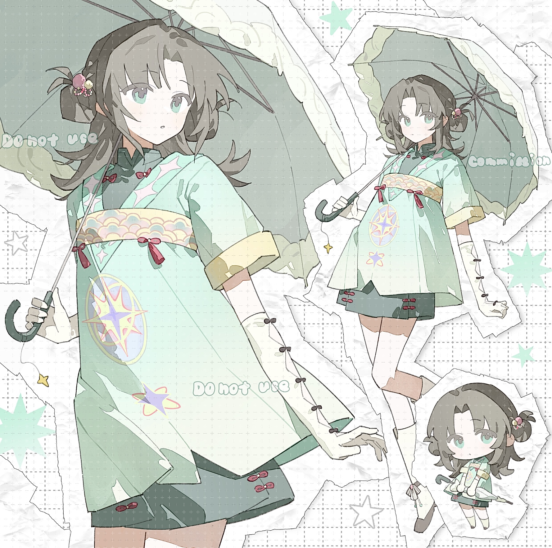 ame ame, original, commission, highres, 1girl, brown hair, chibi, closed mouth, full body, gloves, green eyes, green shirt, green skirt, green umbrella, grid background, holding, holding umbrella, long hair, looking at viewer, multiple views, outline, parted bangs, parted lips, shirt, short sleeves, skirt, standing, umbrella, watermark, white background, white gloves, white outline