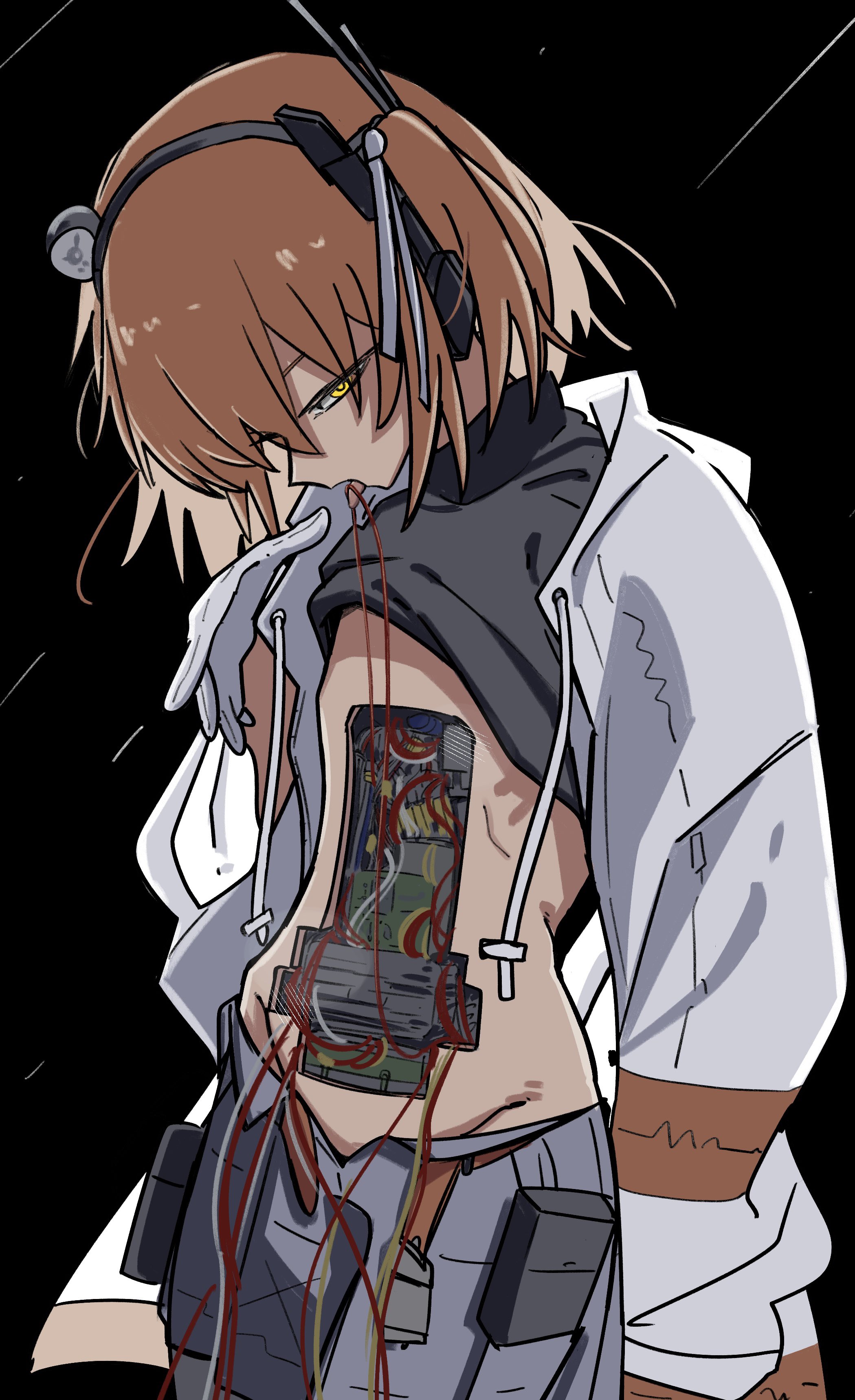 masshutake, adachi rei, a.i. voice, absurdres, commentary request, highres, 1girl, android, black background, black shirt, cable, clothes lift, cowboy shot, exposed internal machinery, gloves, grey skirt, hair ribbon, hand up, headlamp, jacket, long sleeves, looking at viewer, mechabare, mouth hold, navel, open clothes, open jacket, orange hair, radio antenna, ribbon, shirt, shirt lift, skirt, solo, white gloves, white jacket, yellow eyes