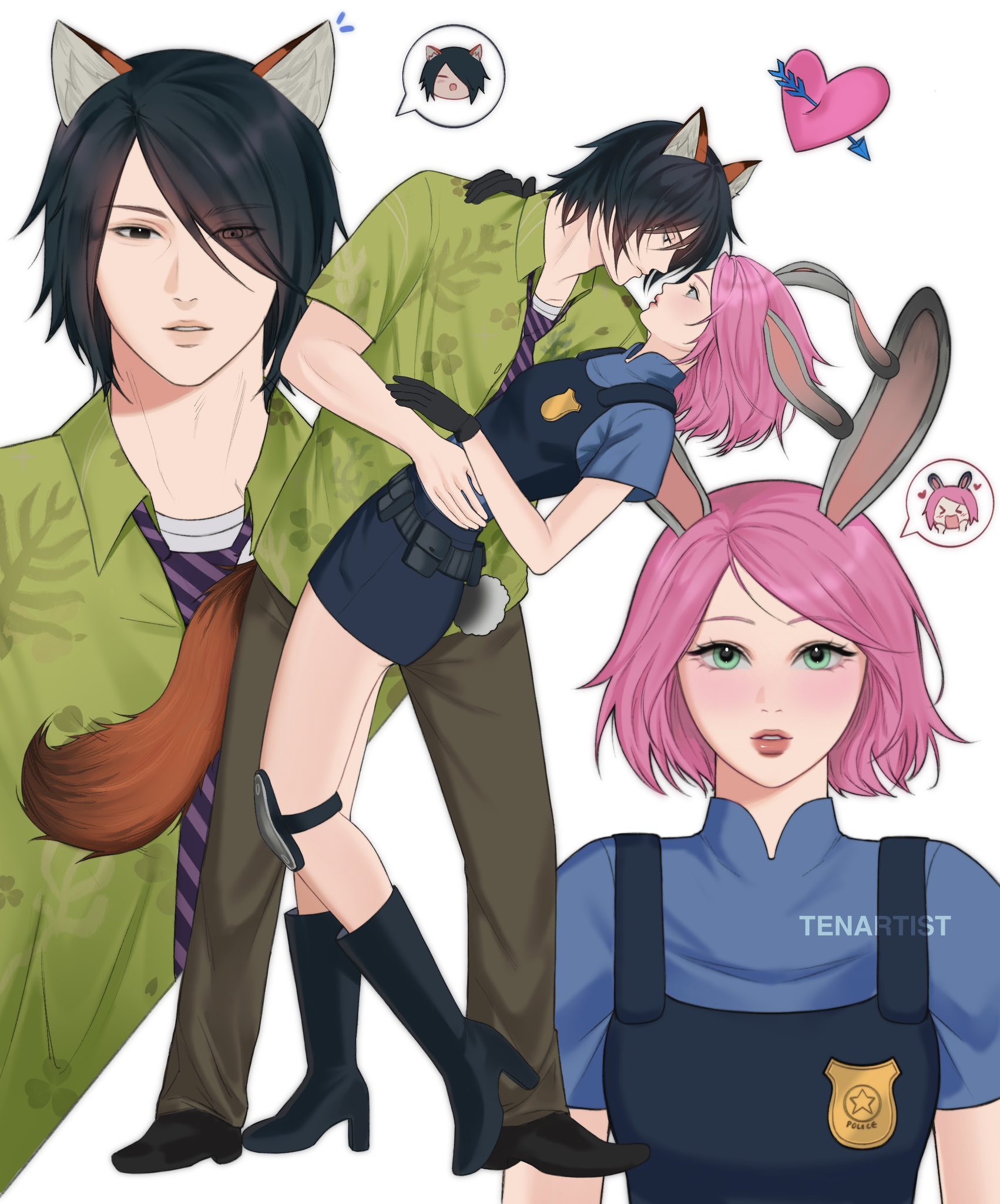 tenartistt, haruno sakura, judy hopps, nick wilde, uchiha sasuke, boruto: naruto next generations, naruto (series), zootopia, commentary, english commentary, highres, > <, 1boy, 1girl, :d, alternate costume, animal ears, arrow through heart, artist name, belt, bent back, black belt, black boots, black eyes, black gloves, black hair, blue dress, blue shirt, bob cut, boots, brown pants, brown shoes, chibi, chibi inset, cosplay, diagonal-striped clothes, diagonal-striped necktie, dress, eye contact, eyelashes, eyes visible through hair, fox boy, fox ears, from side, full moon, gloves, green eyes, green shirt, hair over one eye, hand on another's shoulder, hand on another's waist, height difference, high heel boots, high heels, judy hopps (cosplay), knee boots, knee pads, leaning back, light blush, lipgloss, looking at another, looking at viewer, mandarin collar, moon, multiple views, necktie, nick wilde (cosplay), open mouth, pants, parted lips, pink hair, plant print, police, police badge, police uniform, policewoman, purple necktie, rabbit ears, rabbit girl, rabbit tail, shirt, shirt under dress, shoes, short sleeves, single knee pad, smile, straight hair, striped clothes, swept bangs, tail, teeth, upper body, utility belt, watermark, white background