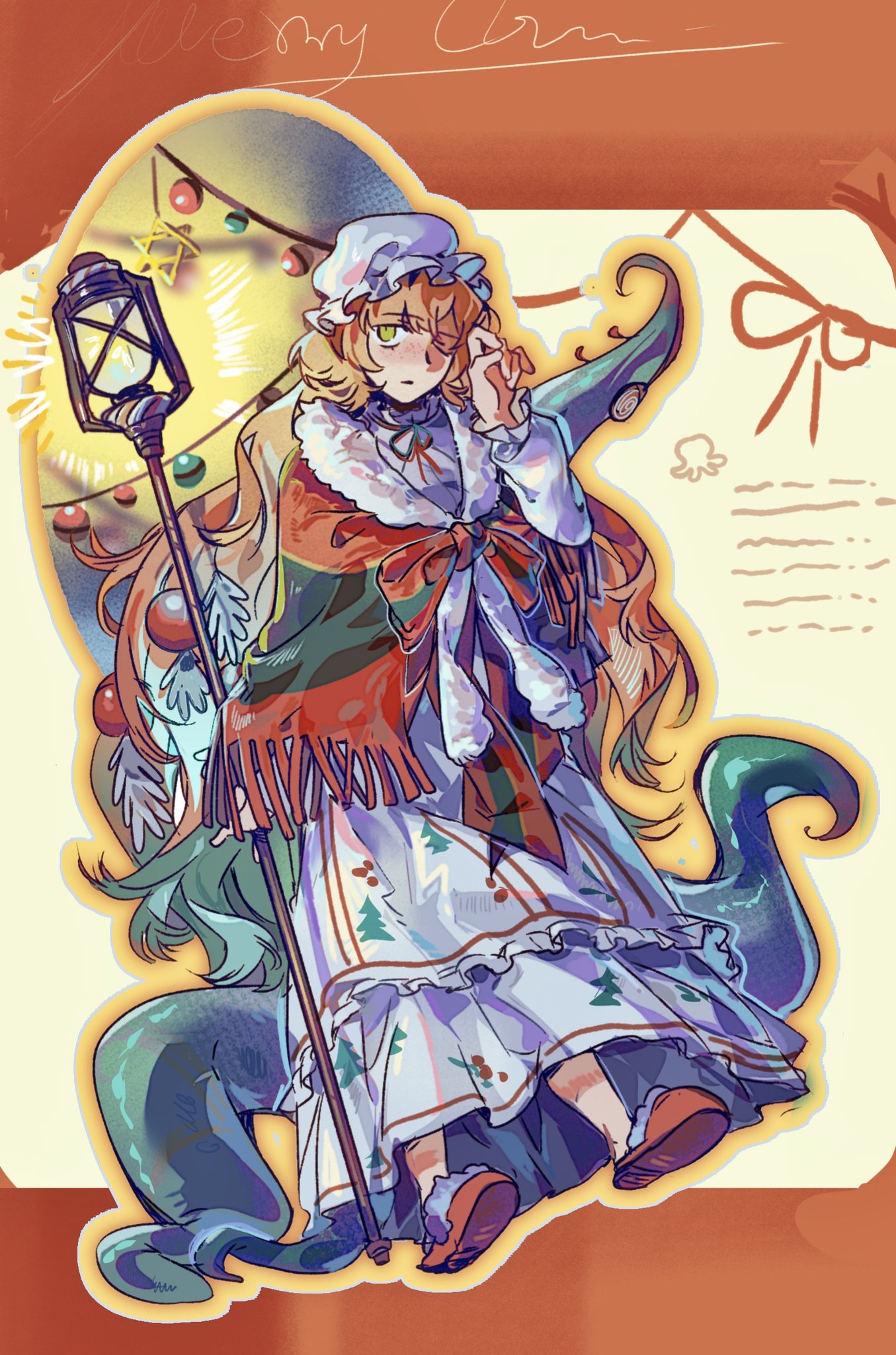 wrong5166, ishmael (project moon), limbus company, project moon, highres, 1girl, bow, bowtie, christmas nightmare (e.g.o), christmas ornaments in hair, dress, e.g.o (project moon), frilled dress, frills, green eyes, hand up, holding, holding staff, long hair, long sleeves, one eye closed, orange hair, red slippers, slippers, solo, staff, striped bow, striped bowtie, striped clothes, striped shawl, tentacles, very long hair, white dress