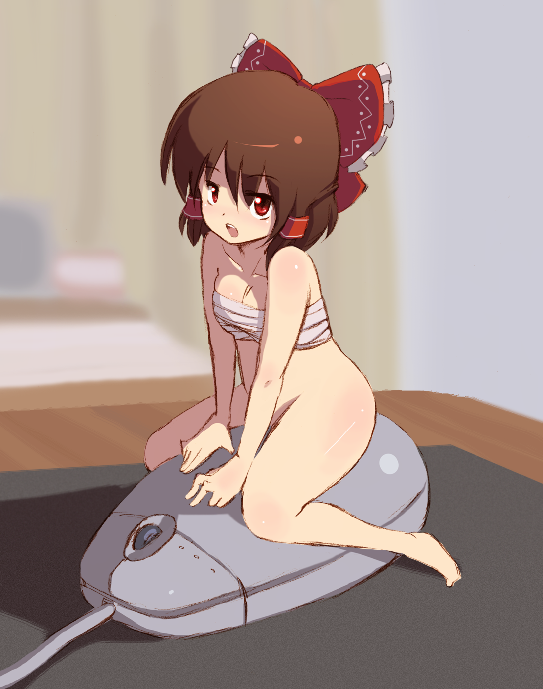 blueberry (5959), hakurei reimu, touhou, highres, 1girl, barefoot, bottomless, bow, chest sarashi, computer mouse, female focus, hair bow, mini person, minigirl, ribbon, sarashi, solo