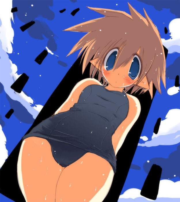 sakaki (noi-gren), original, blue eyes, blush, brown hair, cloud, day, from below, one-piece swimsuit, pointy ears, school swimsuit, short hair, sky, solo, swimsuit, wet