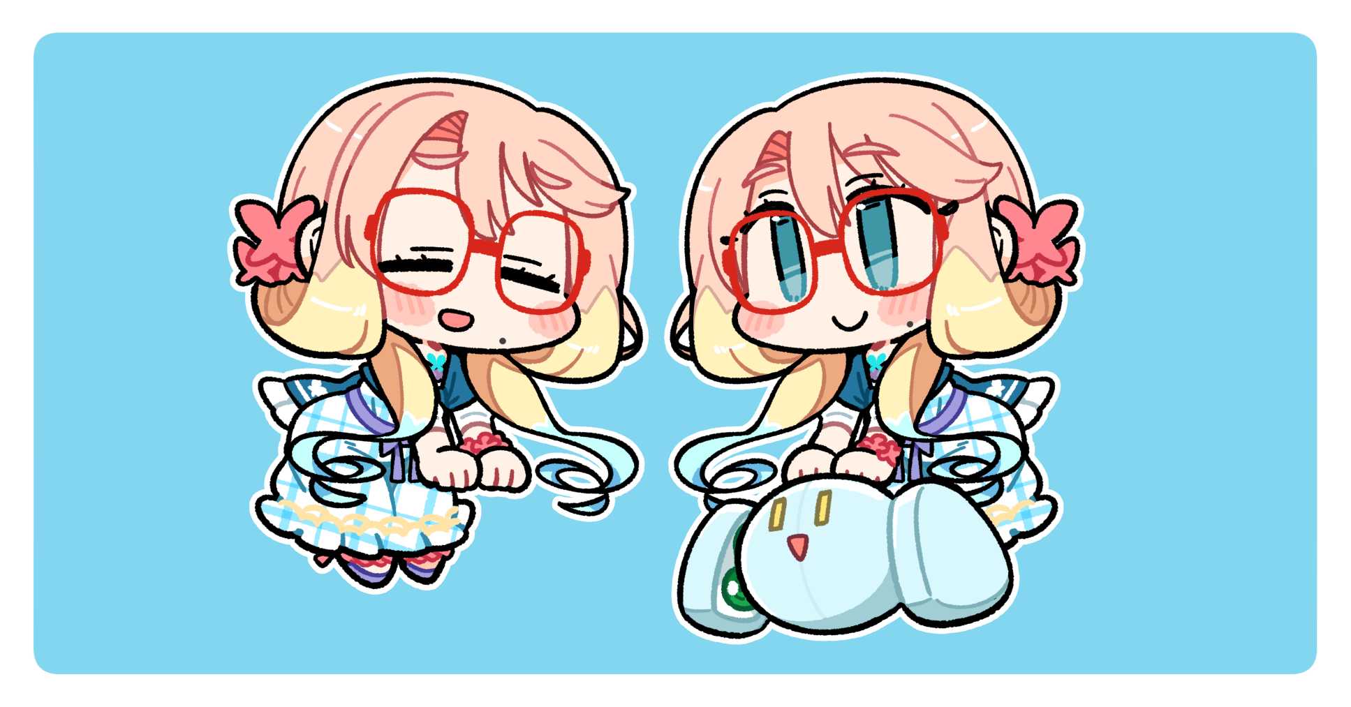 ini (inunabe00), haruno sora, vocaloid, alpha transparency, commentary request, highres, 1girl, :d, blonde hair, blue background, blue hair, blue skirt, blush stickers, border, chibi, chibi only, closed eyes, closed mouth, double-parted bangs, full body, glasses, green eyes, hair between eyes, mole, mole under mouth, multicolored hair, open mouth, outline, pink hair, plaid clothes, plaid skirt, purple shoes, red-framed eyewear, shirt, shoes, short sleeves, simple background, sitting, skirt, smile, white border, white outline, white shirt