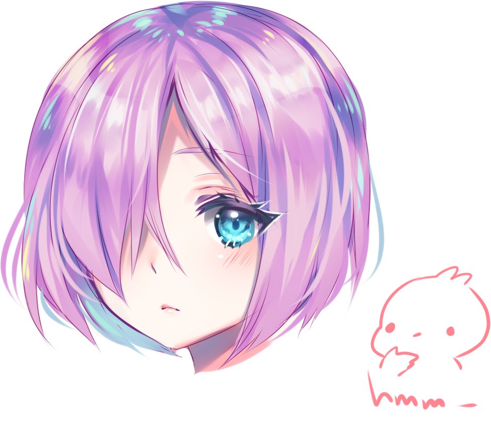 sasucchi95, original, commentary, english commentary, 1girl, artist self-insert, blue hair, blush, closed mouth, colored inner hair, cropped head, english text, expressionless, frown, hair over one eye, looking at viewer, multicolored hair, one eye covered, purple hair, short hair, simple background, solo, tareme, two-tone hair, white background