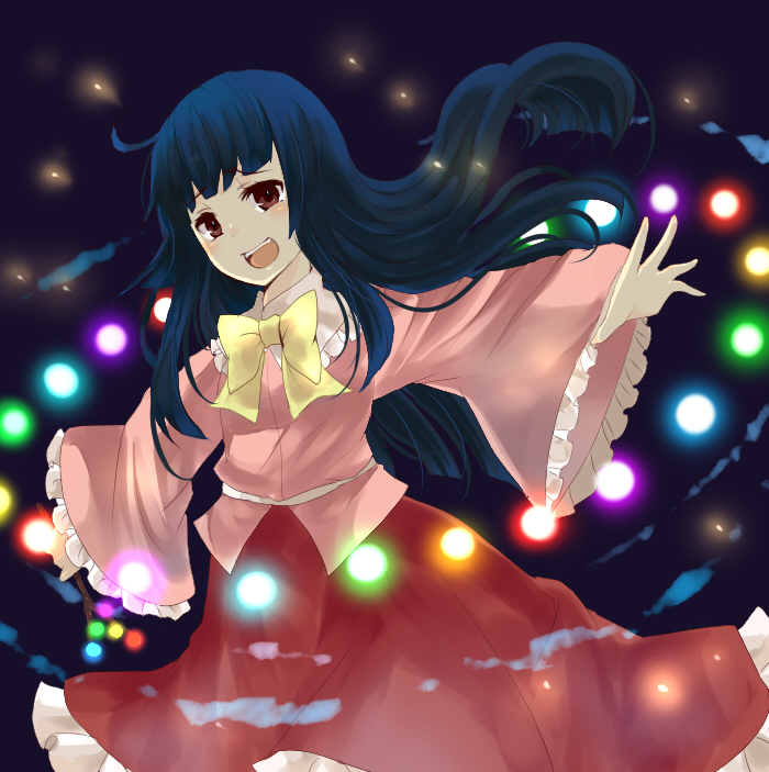 kurosawa kazuto, houraisan kaguya, touhou, 1girl, bad anatomy, black hair, branch, brown eyes, danmaku, dark, dress, female focus, glowing, jeweled branch of hourai, long hair, open mouth, outstretched arms, outstretched hand, ribbon, solo, spread arms