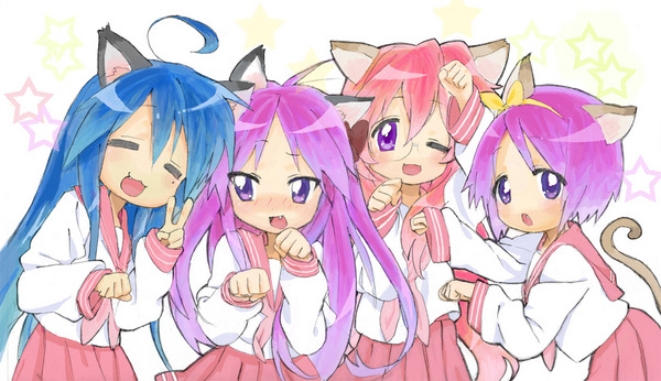 tamura satomi, hiiragi kagami, hiiragi tsukasa, izumi konata, takara miyuki, lucky star, 00s, 4girls, = =, animal ears, blue eyes, blue hair, cat ears, cat tail, fang, glasses, green eyes, long hair, mole, mole under eye, multiple girls, paw pose, pink hair, purple eyes, purple hair, red hair, ribbon, school uniform, serafuku, short hair, siblings, sisters, tail, tareme, tsurime, twins, v