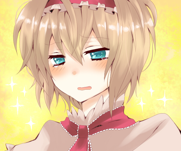 kurosawa kazuto, alice margatroid, touhou, bad id, bad pixiv id, 1girl, aqua eyes, blonde hair, blush, female focus, hairband, short hair, solo, tears