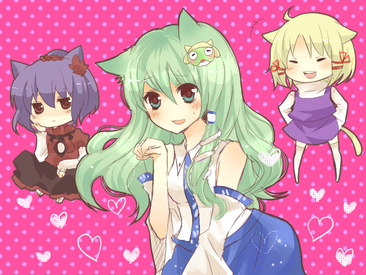 kurosawa kazuto, raako (pixiv), kochiya sanae, moriya suwako, yasaka kanako, touhou, bad id, bad pixiv id, 3girls, animal ears, blonde hair, bored, cat ears, cat girl, cat tail, chibi, closed eyes, female focus, green eyes, green hair, hair ornament, hair ribbon, heart, kemonomimi mode, multiple girls, no headwear, open mouth, paw pose, purple hair, red eyes, ribbon, tail, thighhighs, white thighhighs