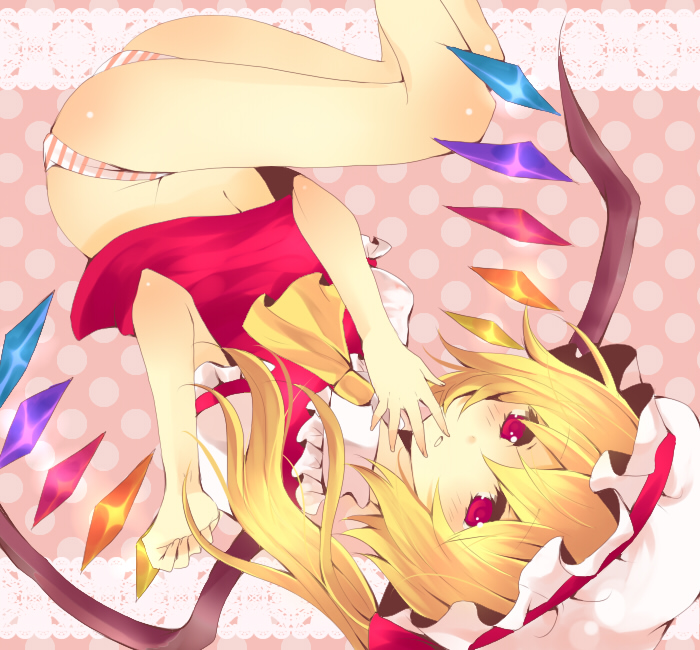 kurosawa kazuto, flandre scarlet, embodiment of scarlet devil, touhou, bad id, bad pixiv id, 1girl, blonde hair, blush, female focus, hat, navel, no pants, panties, red eyes, short hair, side ponytail, solo, striped clothes, striped panties, underwear, wings