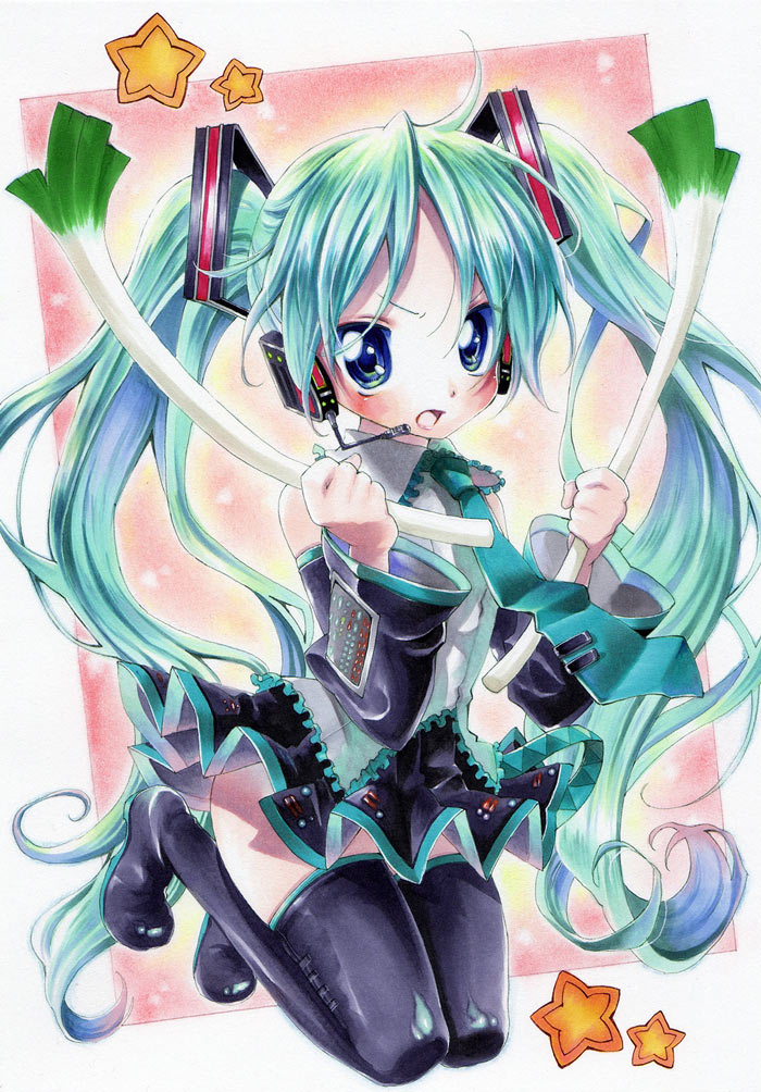 yuhka, hatsune miku, hiiragi kagami, lucky star, vocaloid, bad id, bad pixiv id, marker (medium), pastel (medium), traditional media, 1girl, blue eyes, cosplay, detached sleeves, female focus, green hair, hatsune miku (cosplay), headphones, headset, long hair, microphone, solo, spring onion, thighhighs, twintails