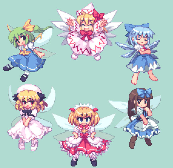 kou 2008, cirno, daiyousei, lily white, luna child, star sapphire, sunny milk, embodiment of scarlet devil, perfect memento in strict sense, touhou, yousei daisensou, bad id, bad pixiv id, 6+girls, chibi, fairy, multiple girls, pantyhose, pixel art, ribbon, wings