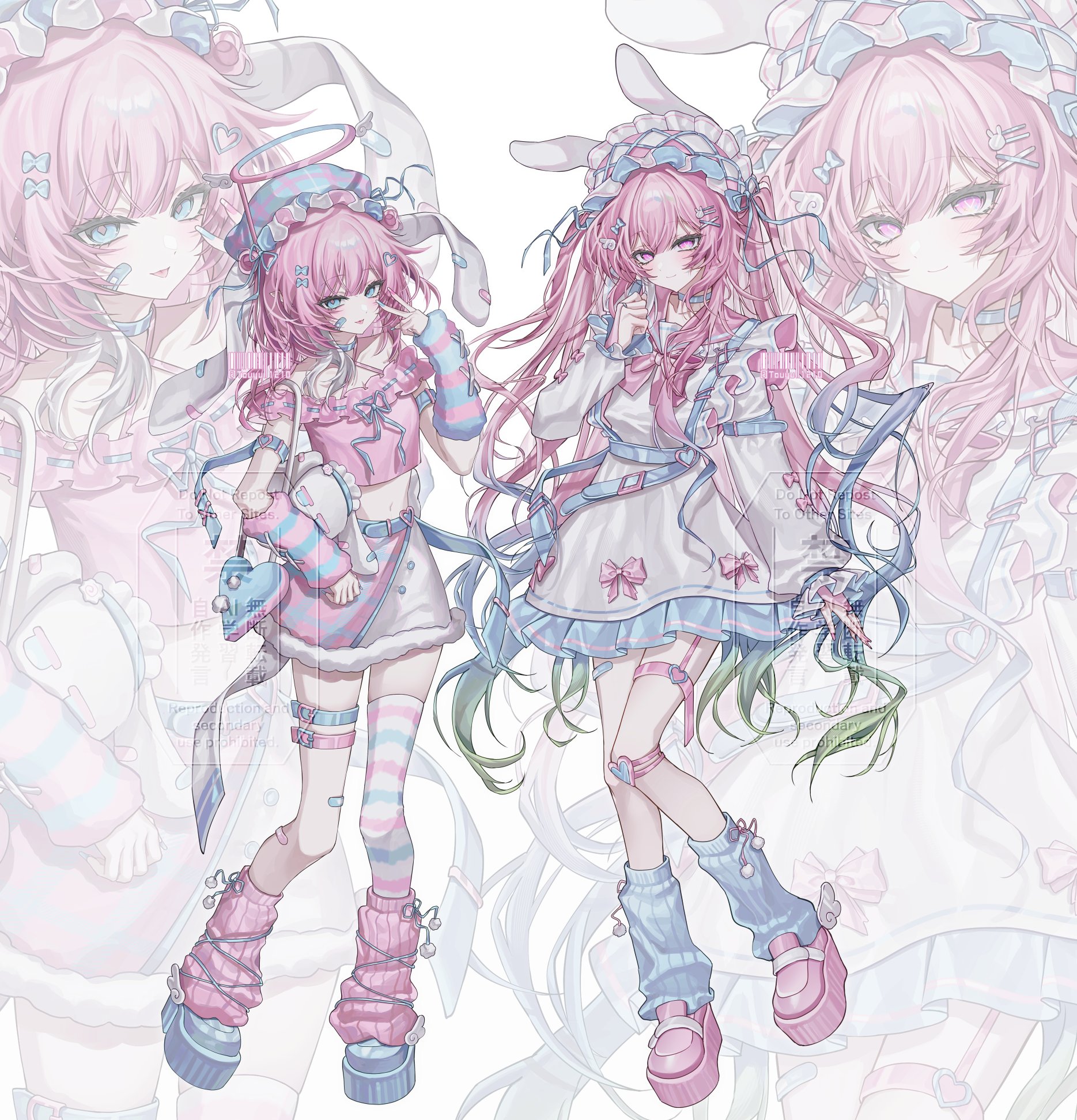 touyu 1210, cyrene (honkai: star rail), cyrene (philia093) (honkai: star rail), honkai: star rail, honkai (series), commentary, highres, photoshop (medium), symbol-only commentary, 2girls, animal ears, aqua hair, blue eyes, blue hair, blue leg warmers, blue shoes, breasts, cyrene (demiurge) (honkai: star rail), diamond-shaped pupils, diamond (shape), dress, dual persona, fake animal ears, halo, headdress, heart-shaped bag, leg warmers, long hair, looking at viewer, multicolored hair, multiple girls, pink hair, pink leg warmers, pink shirt, pink shoes, platform shoes, purple eyes, rabbit ears, shirt, shoes, short hair, skirt, small breasts, smile, striped arm warmers, striped clothes, striped thighhighs, symbol-shaped pupils, thighhighs, tongue, tongue out, two-tone hair, very long hair, white background, white dress, white hair, white skirt, zoom layer