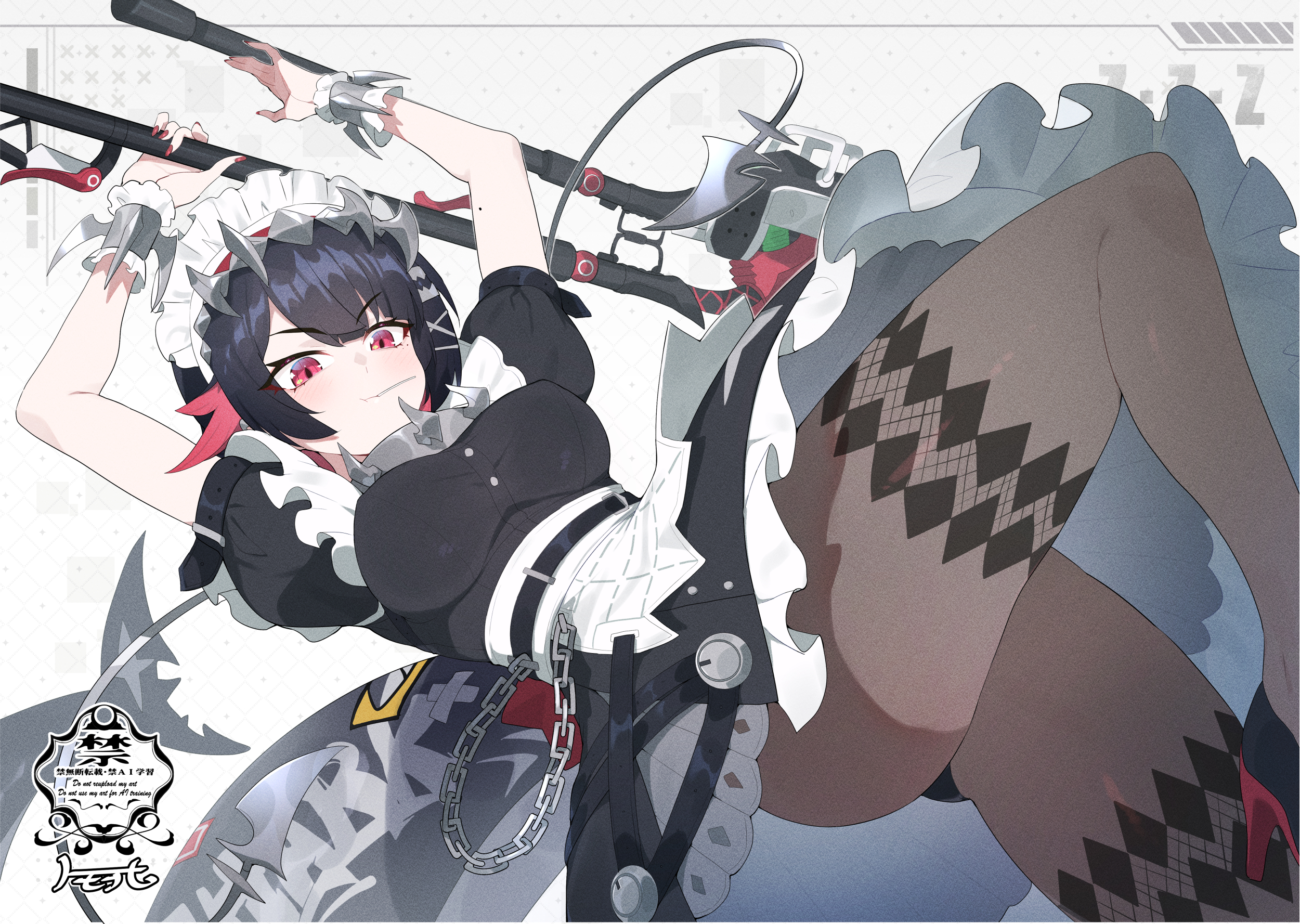 matsumoto tomoyohi, ellen joe, zenless zone zero, commentary request, highres, 1girl, arms up, black hair, blush, breasts, brown pantyhose, colored inner hair, dotted background, fins, fish tail, frilled wristband, from below, grey background, hairband, holding, holding weapon, large breasts, leg up, lollipop in mouth, looking down, maid headdress, metal hairband, mole, mole on arm, mole under eye, multicolored hair, pantyhose, razor blade hair ornament, red eyes, red nails, scar, scar on tail, shark girl, shark tail, short hair, solo, spiked headband, tail, v-shaped eyebrows, weapon