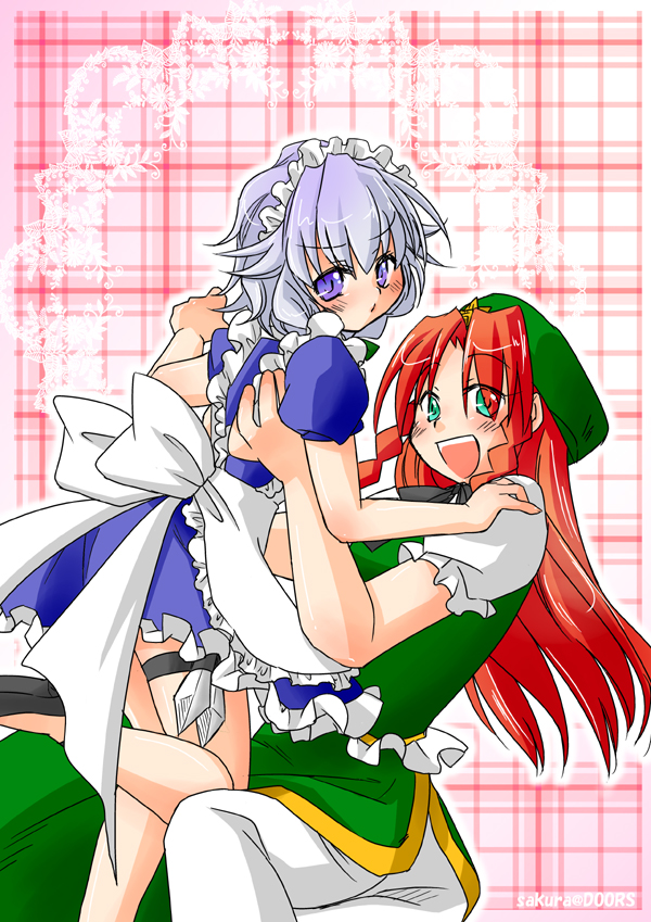 cherry blossoms (artist), sakura (doors), hong meiling, izayoi sakuya, embodiment of scarlet devil, touhou, silver hair, bad id, bad pixiv id, 2girls, female focus, happy, hat, holding, knife, maid, multiple girls, red hair, short hair, throwing knife, weapon, yuri