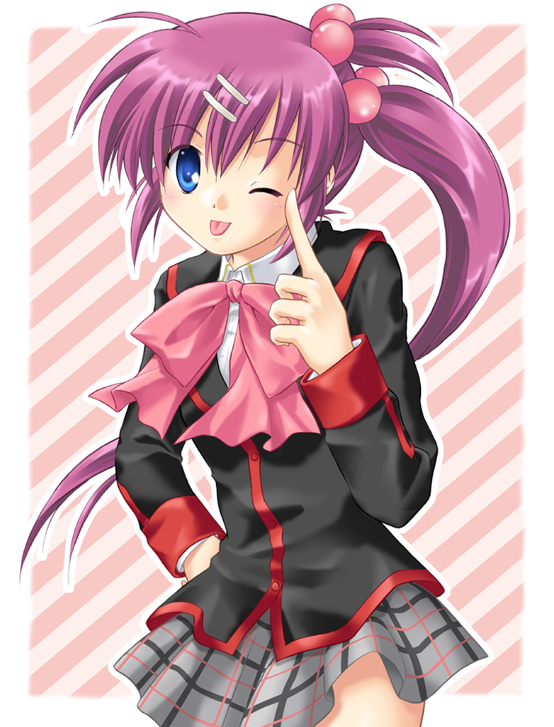 mutsuki masato, saigusa haruka, little busters!, 1girl, blue eyes, bow, female focus, one eye closed, pink bow, plaid clothes, plaid skirt, purple hair, school uniform, side ponytail, skirt, solo, tongue, wink