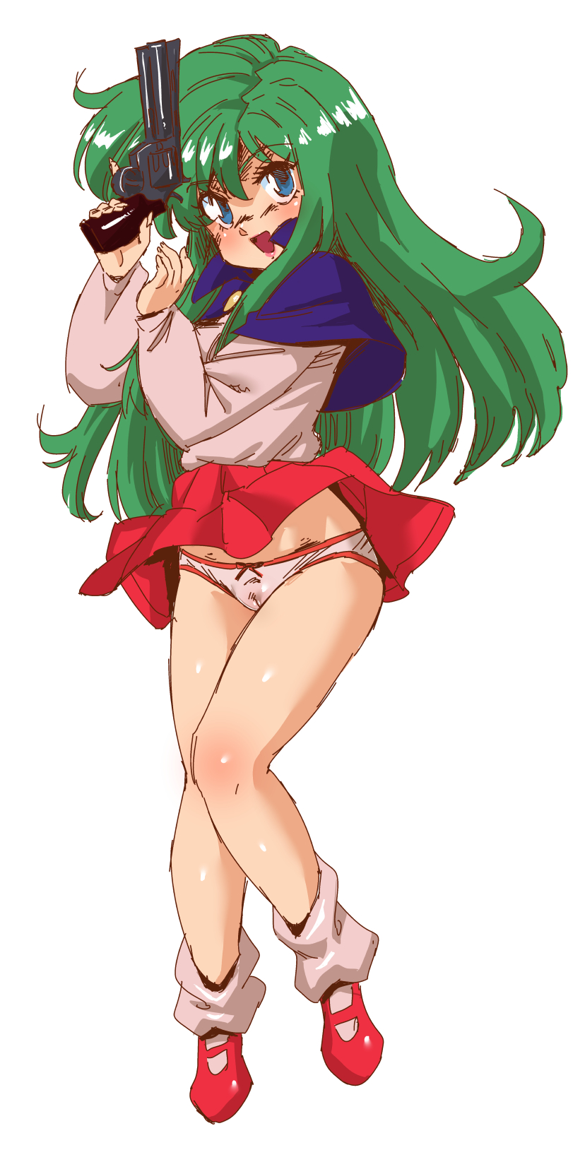 abemorioka, ayanokouji rem, dream hunter rem, commentary request, highres, 1girl, arms up, blue eyes, bow, bow panties, capelet, full body, green hair, gun, handgun, legs, long hair, miniskirt, open mouth, panties, pink panties, pink shirt, pink socks, purple capelet, red shoes, red skirt, shirt, shoes, skirt, smile, socks, solo, thighs, underwear, weapon, wind, wind lift