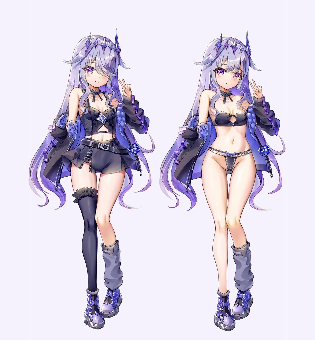fii fii (feefeeowo), koseki bijou, koseki bijou (casual), hololive, hololive english, commentary, english commentary, highres, 1girl, asymmetrical legwear, bare legs, bare shoulders, belt, black belt, black bra, black choker, black panties, black skirt, black thighhighs, bra, breasts, chest jewel, choker, collarbone, frilled bra, frilled choker, frilled panties, frills, full body, gem, gluteal fold, gradient hair, grey background, grey hair, grey leg warmers, jacket, leg warmers, long hair, long sleeves, looking at viewer, midriff, mismatched legwear, multicolored hair, multiple views, navel, off shoulder, official alternate costume, panties, purple eyes, purple gemstone, purple hair, quilted jacket, shoes, simple background, single leg warmer, single thighhigh, skirt, small breasts, smile, sneakers, thigh gap, thighhighs, underwear, v, very long hair, virtual youtuber, zipper skirt