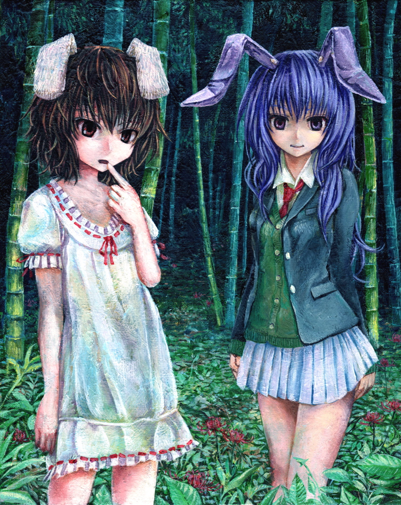 kabaji, inaba tewi, reisen udongein inaba, touhou, oil painting (medium), painting (medium), traditional media, 2girls, animal ears, bamboo, bamboo forest, brown hair, dress, female focus, flower, forest, jacket, legs, long hair, multiple girls, nature, necktie, open mouth, pleated skirt, purple eyes, purple hair, rabbit ears, red eyes, shirt, short hair, skirt, smile, white shirt