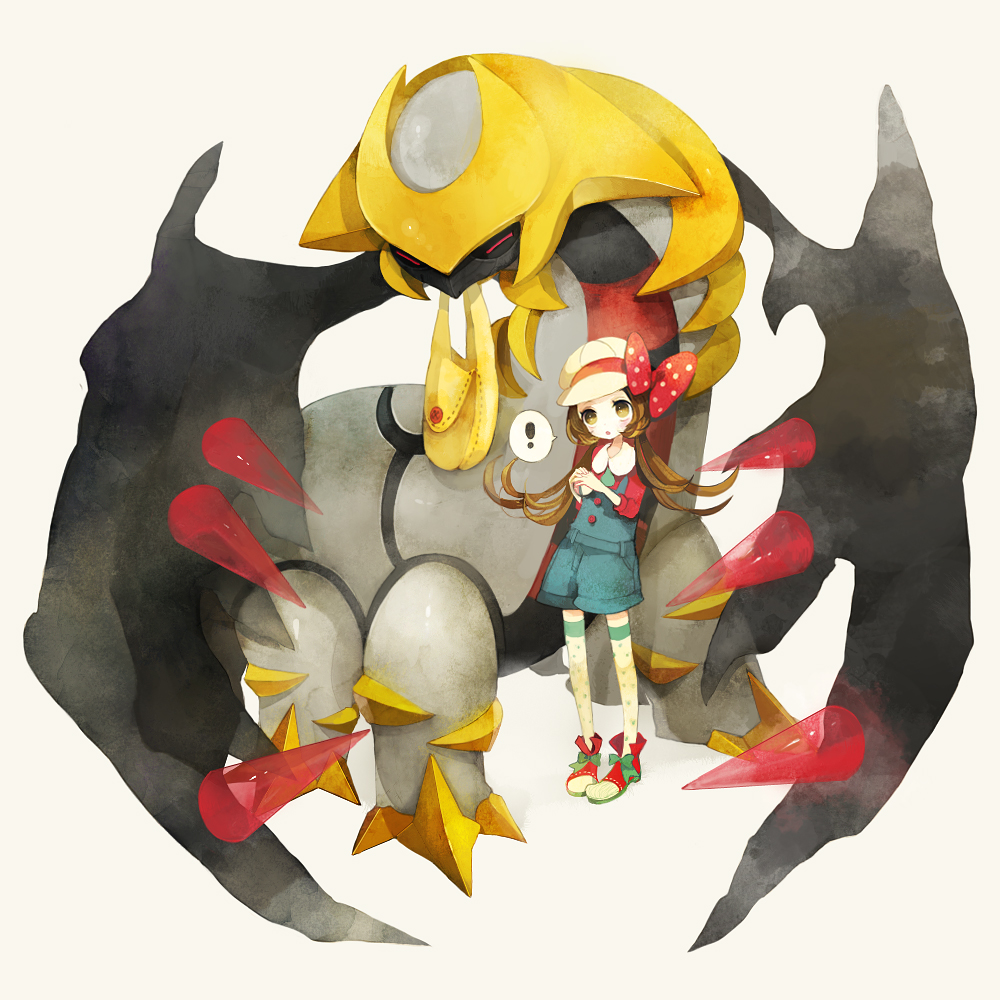 pechika, giratina, giratina (altered), lyra (pokemon), nintendo, pokemon, pokemon dppt, pokemon hgss, bad id, bad pixiv id, !, 00s, 1girl, alternate form, bag, bow, brown eyes, brown hair, dragon, gen 4 pokemon, handbag, hat, hat ribbon, holding, holding poke ball, legendary pokemon, long hair, newsboy cap, overalls, poke ball, pokemon (creature), red ribbon, ribbon, shoes, simple background, thighhighs, twintails, unworn bag, wings
