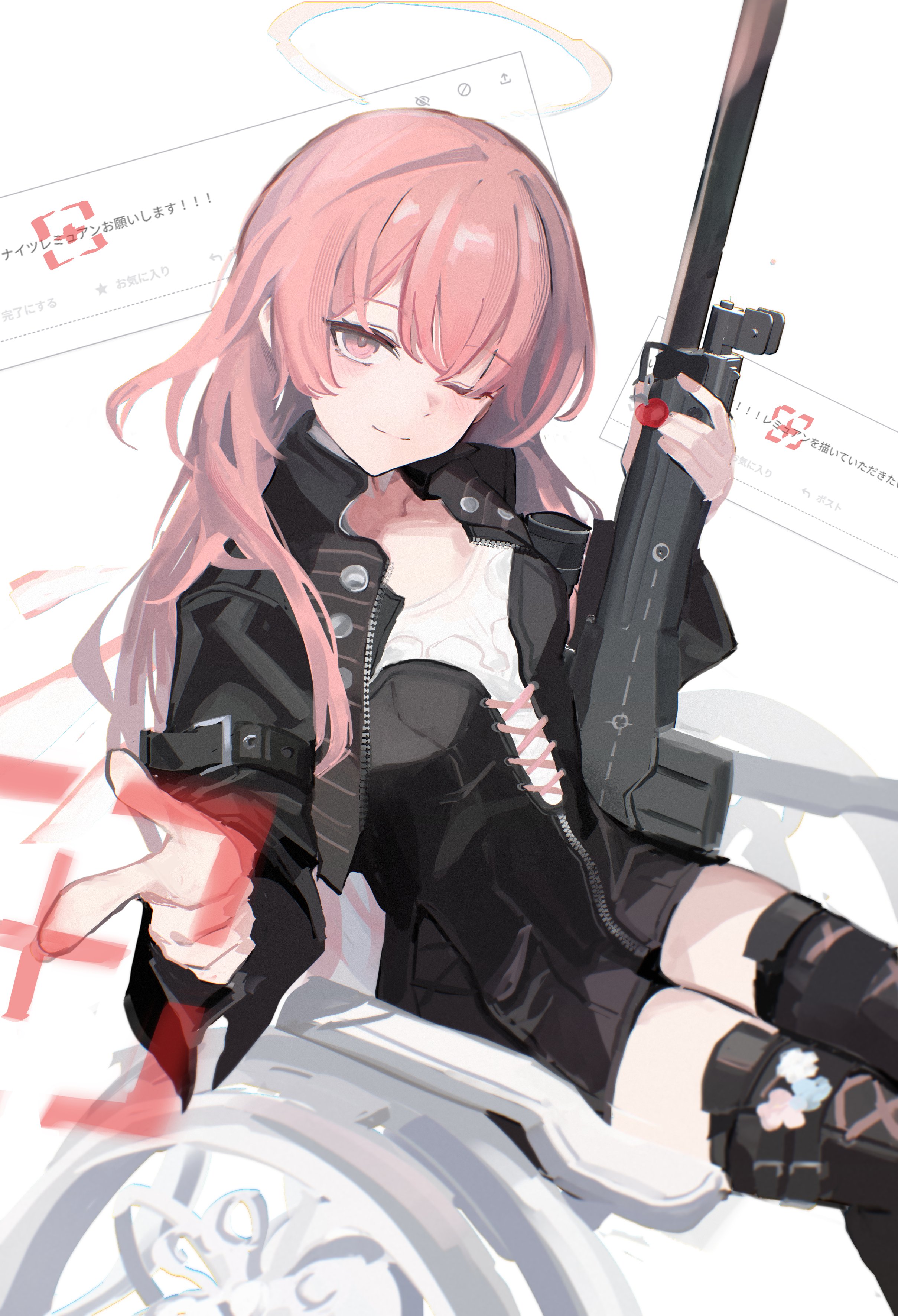 death unagi, lemuen (arknights), arknights, absurdres, commentary request, highres, 1girl, black boots, black jacket, boots, gun, halo, jacket, long hair, one eye closed, pink eyes, pink hair, rifle, sniper rifle, solo, thigh boots, weapon, wheelchair
