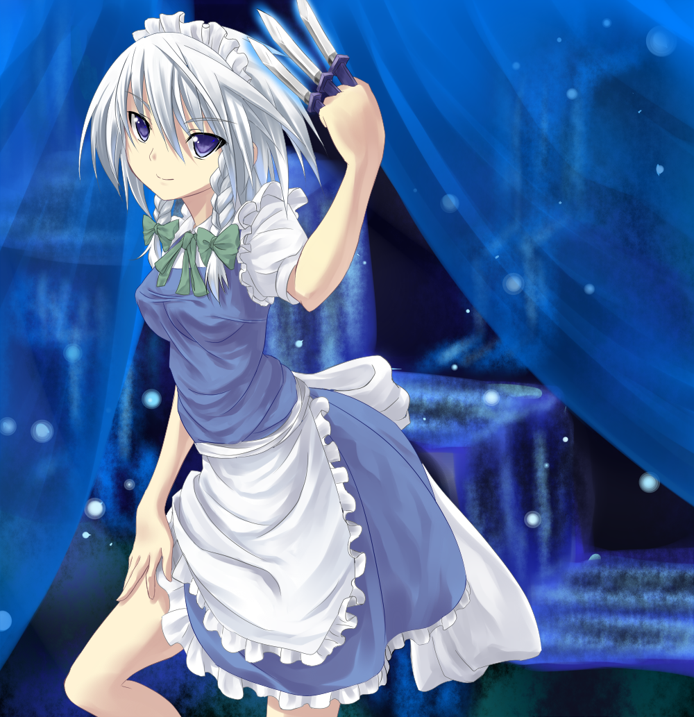 makai no koutaishi, izayoi sakuya, touhou, silver hair, bad id, bad pixiv id, 1girl, braid, female focus, hairband, knife, maid, ribbon, short hair, solo, throwing knife, twin braids, weapon