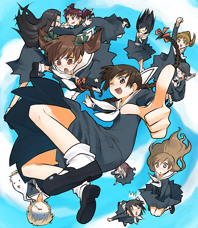 minakata sunao, fukuzawa yumi, hasekura rei, hosokawa kanako, matsudaira touko, nijou noriko, ogasawara sachiko, shimazu yoshino, takeshima tsutako, toudou shimako, tsukiyama minako, yamaguchi mami, maria-sama ga miteru, 00s, 6+girls, everyone, falling, multiple girls, school uniform, serafuku, sky