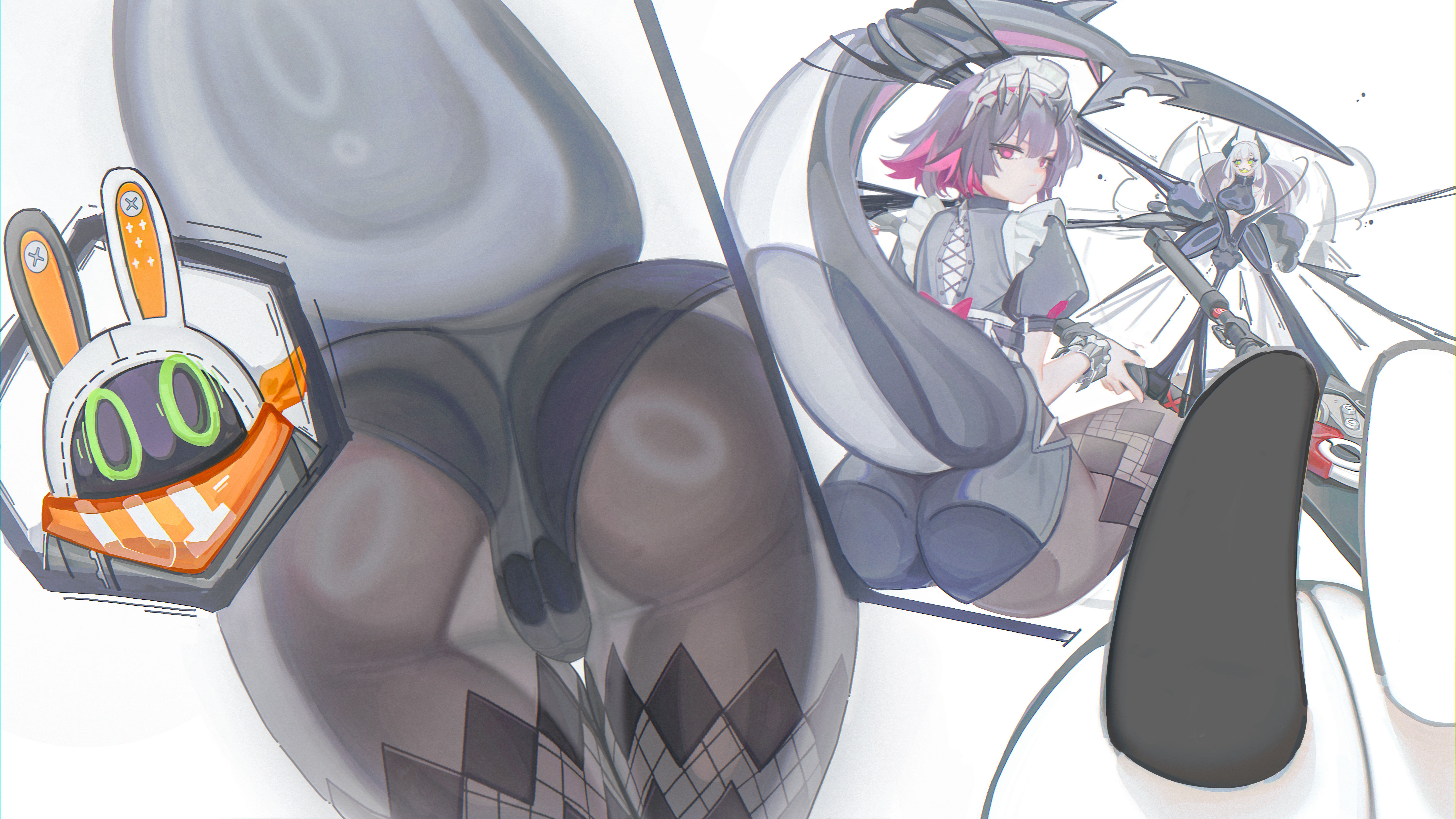 qing mian, ellen joe, zenless zone zero, absurdres, character request, commentary request, highres, 2girls, against glass, ass, ass focus, ass on glass, ass press, black hair, colored inner hair, fins, fish tail, holding, holding weapon, maid, maid headdress, multicolored hair, multiple girls, pantyhose, scar, scar on tail, shark girl, shark tail, short hair, short sleeves, tail, two-tone hair, weapon, white background