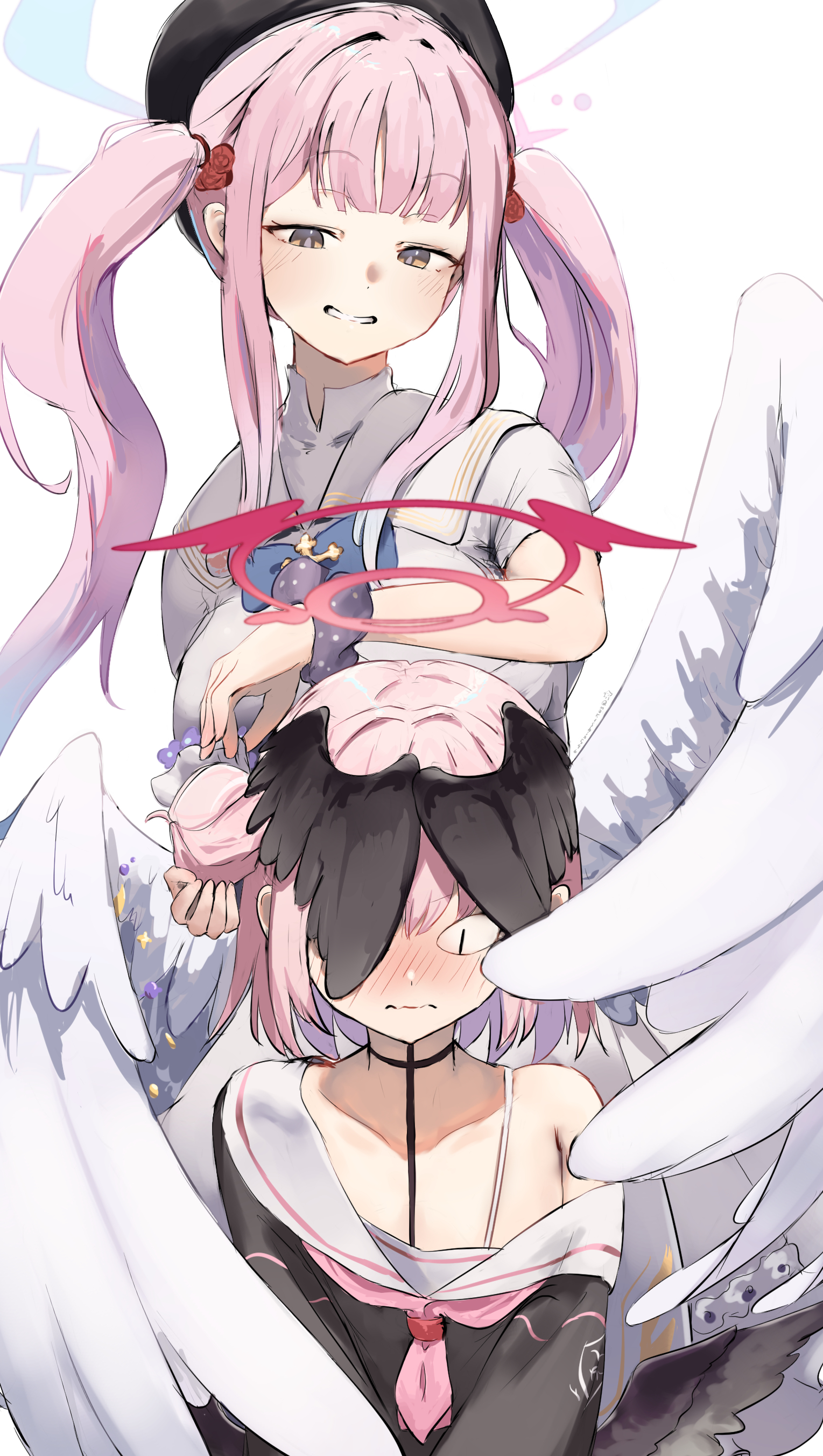 morishin546, koharu (blue archive), mika (blue archive), blue archive, absurdres, commentary, highres, <|> <|>, 2girls, alternate hairstyle, black hat, black shirt, black wings, blue flower, blue halo, blush, closed mouth, dress, flower, grin, hair bun, hair flower, hair ornament, hair scrunchie, hairstyle switch, halo, hat, head wings, long hair, long sleeves, looking at another, low wings, multiple girls, neckerchief, pink neckerchief, purple scrunchie, red flower, red halo, sailor collar, scrunchie, shirt, short hair, short sleeves, single bare shoulder, single side bun, smile, sweat, twintails, white dress, white sailor collar, white scrunchie, white wings, wings, wrist scrunchie, yellow eyes, yuri